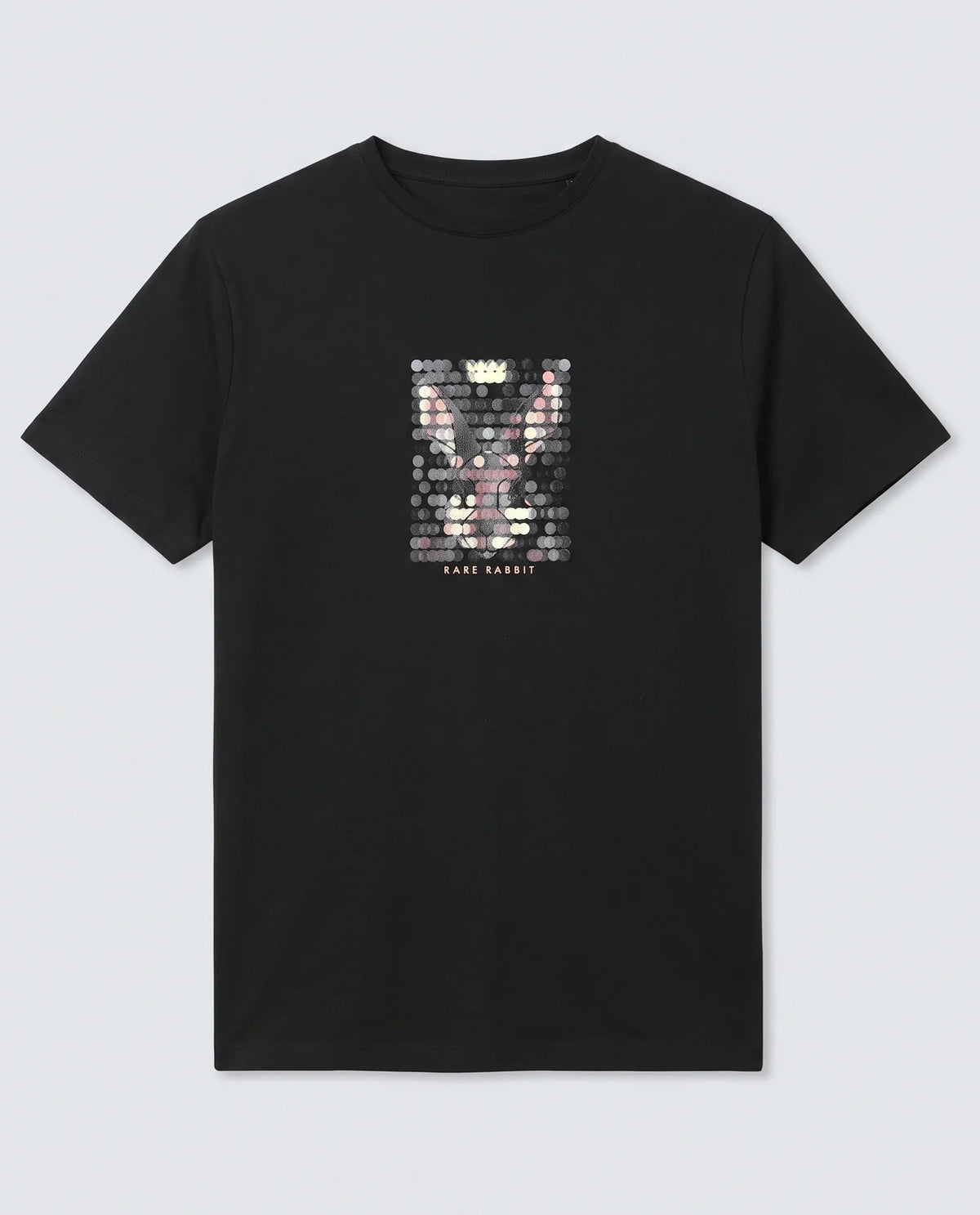 Rare Rabbit Men's Icy Black Cotton Blend Fabric Half Sleeve Crew Neck Regular Fit Graphic Print T-Shirt