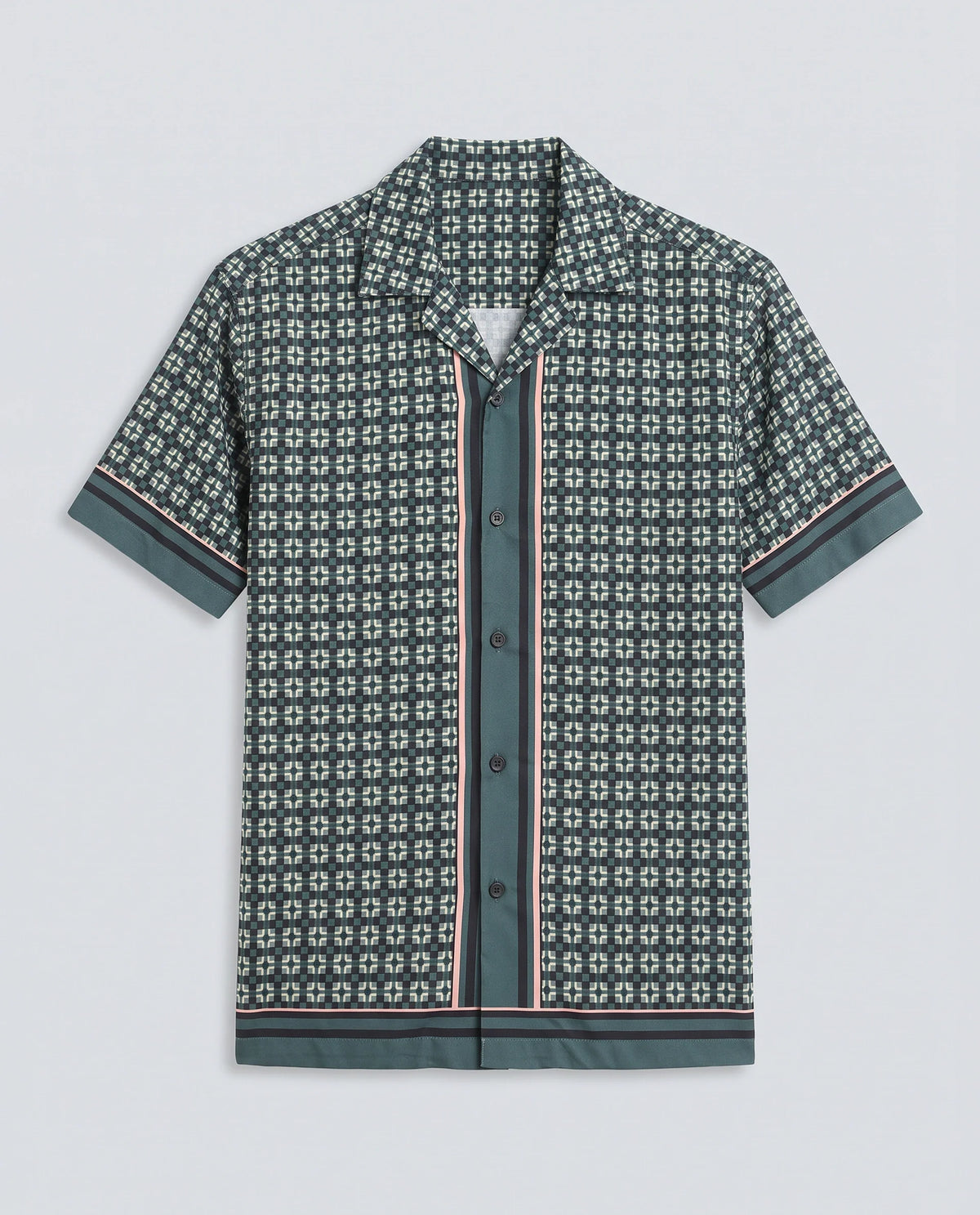 Rare Rabbit Men's Lojo-Ss Dusky Green Viscose Fabric Half Sleeve Cuban Collar Regular Fit Geometric Print Shirt