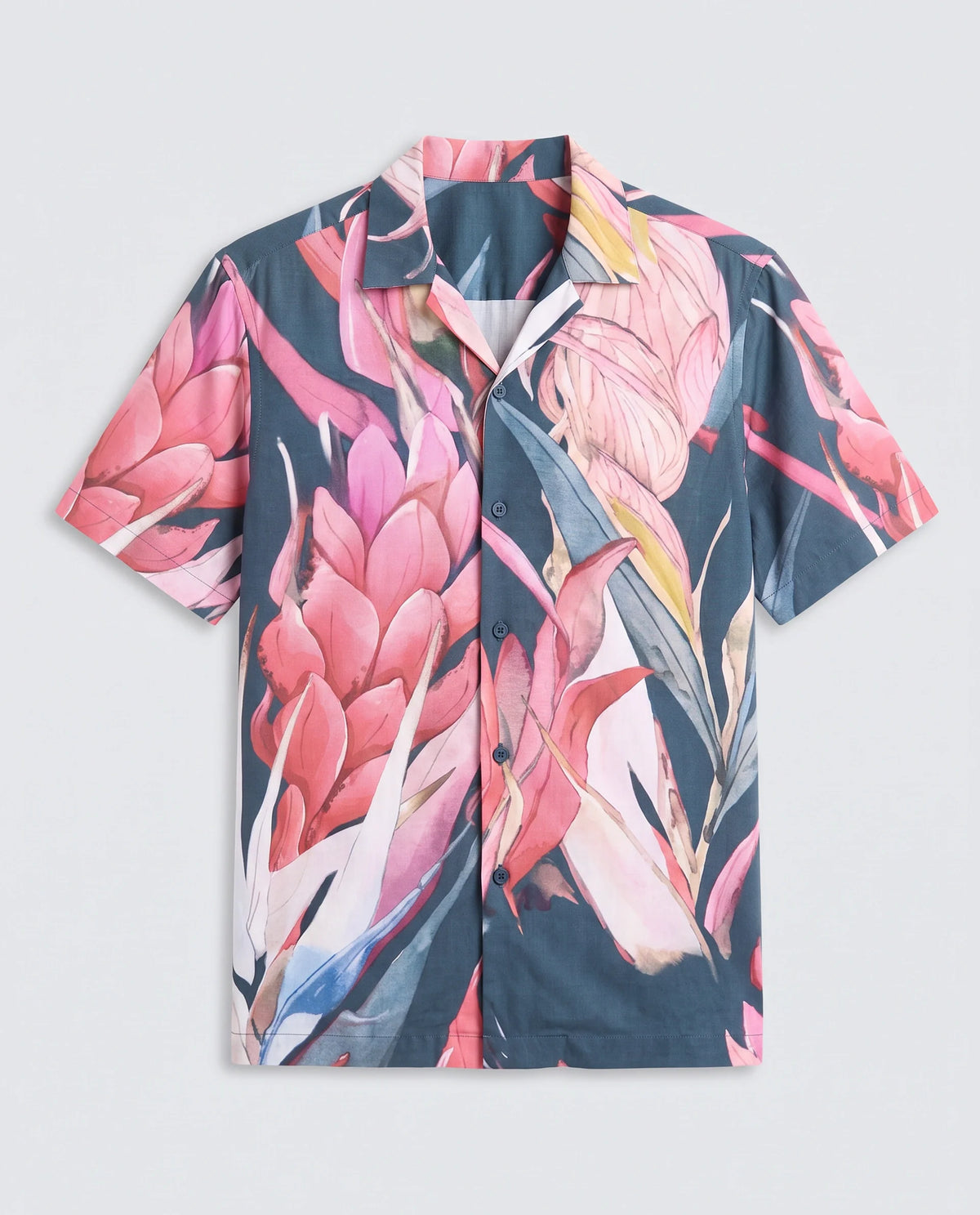 Rare Rabbit Men's Lory Dark Navy Viscose Fabric Half Sleeve Cuban Collar Regular Fit Tropical Print Shirt