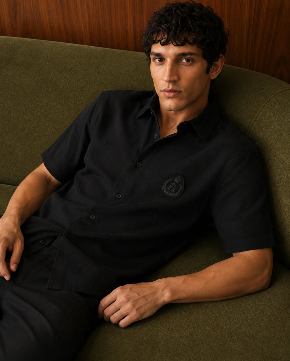 Rare Rabbit Men's Cine Ss-26 Black Cotton Blend Button Regular Fit Shirt