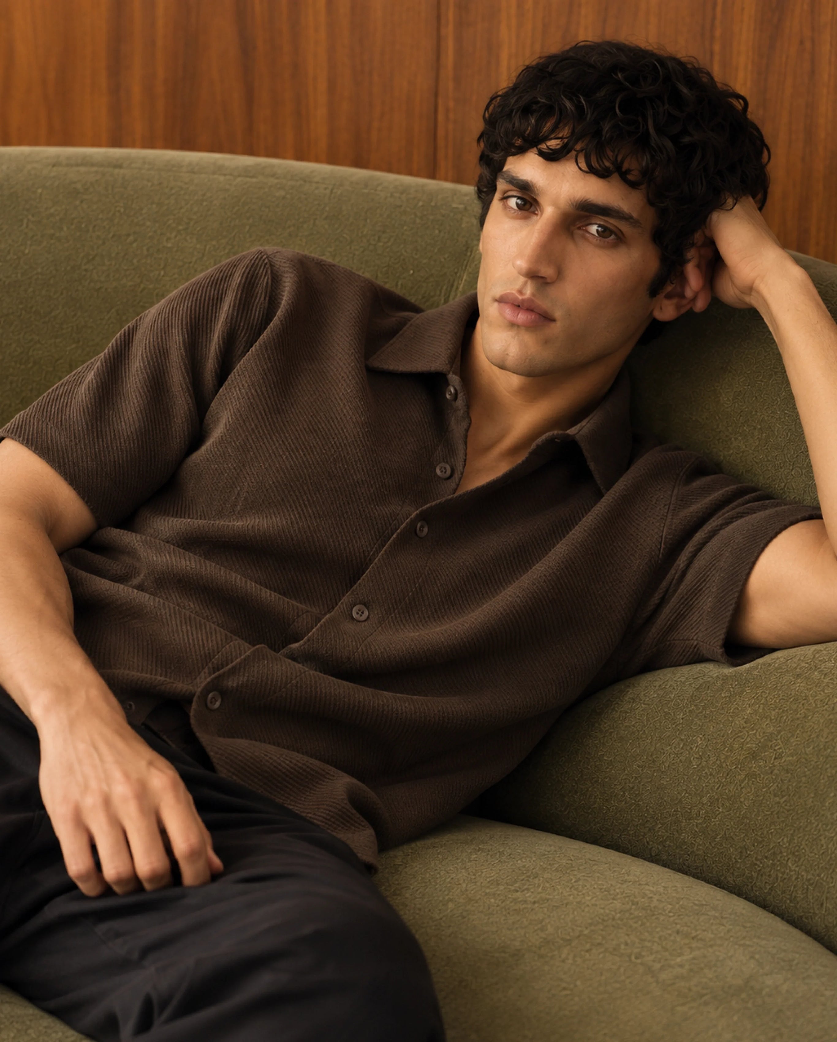 Rare Rabbit Men's Ester Dark Brown Cotton Button Relaxed Fit Jacquard Shirt