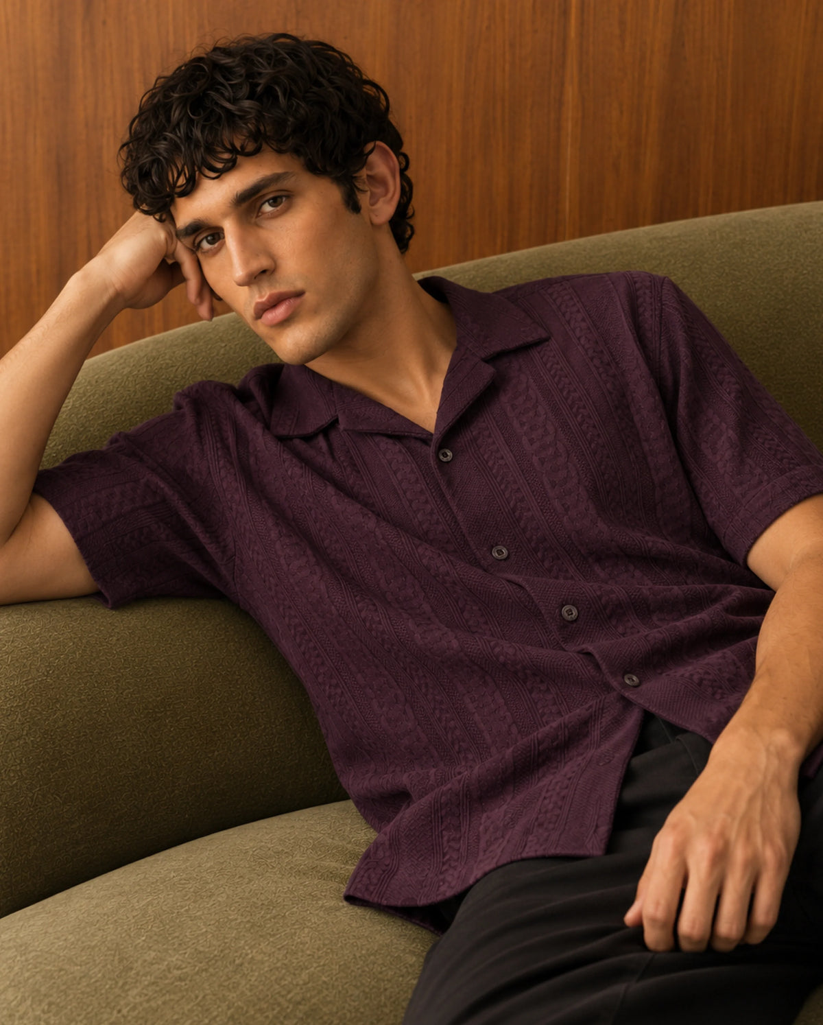 Rare Rabbit Men's Kram Dark Purple Cotton Button Relaxed Fit Jacquard Shirt