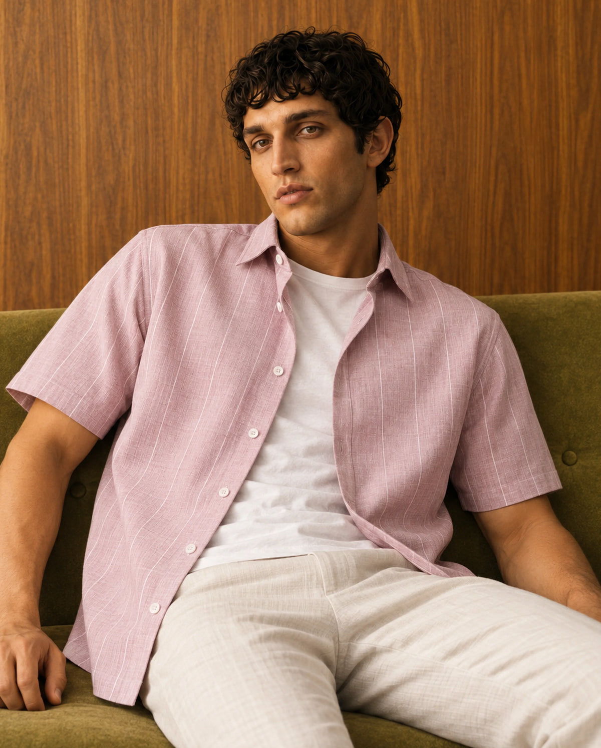 Rare Rabbit Men's Pedri Primary Pink Viscose Blend Spread Collar Regular Striped Shirt