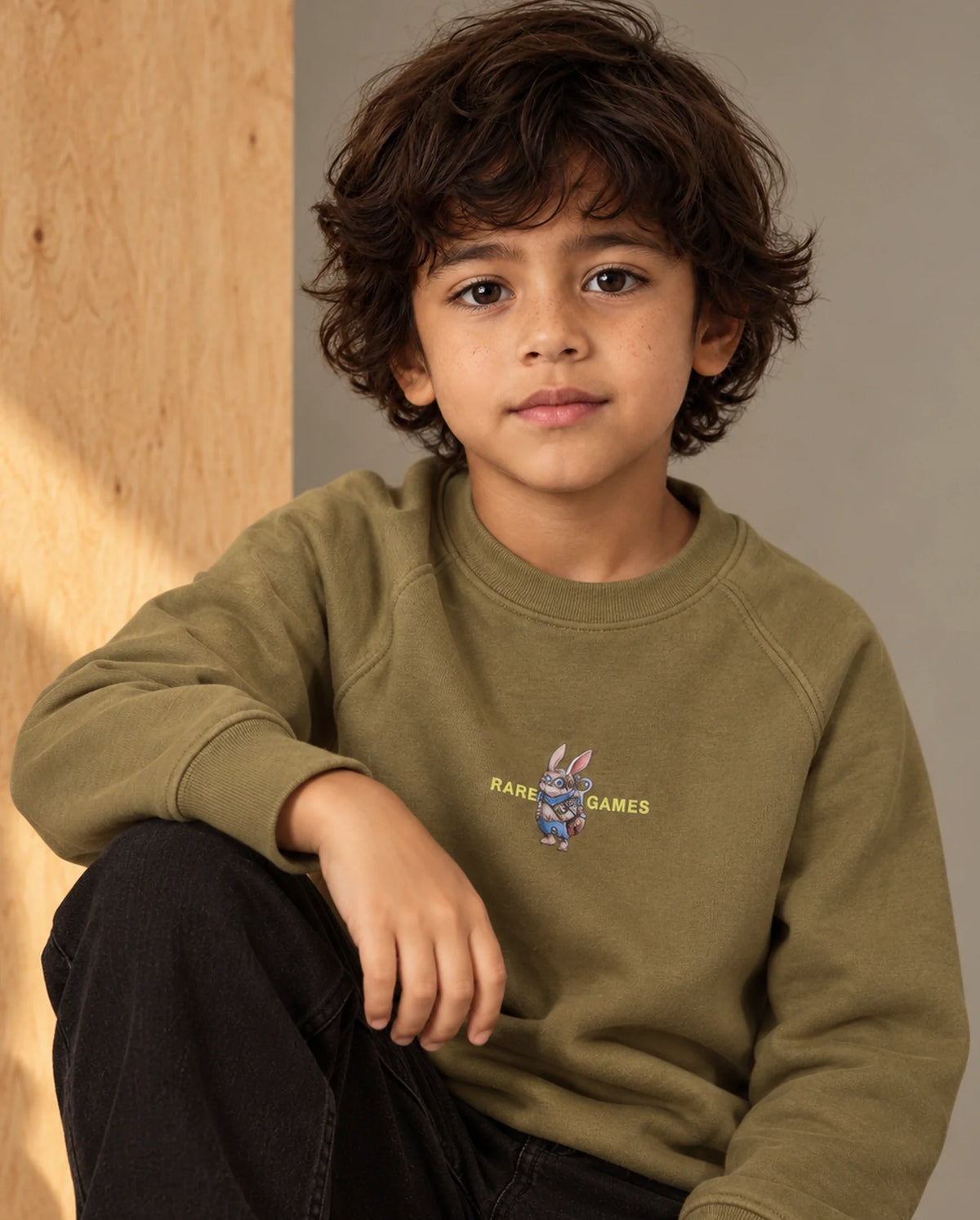 Rare Ones Kids Consi Olive Cotton Blend Fabric Crew Neck Pull-On Closure Regular Fit Digital Print Sweatshirt