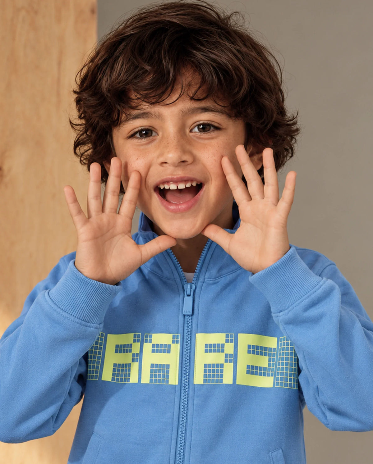 Rare Ones Kids Grid Blue Cotton Blend Fabric High Neck Zipper Closure Regular Graphic Print Sweatshirt