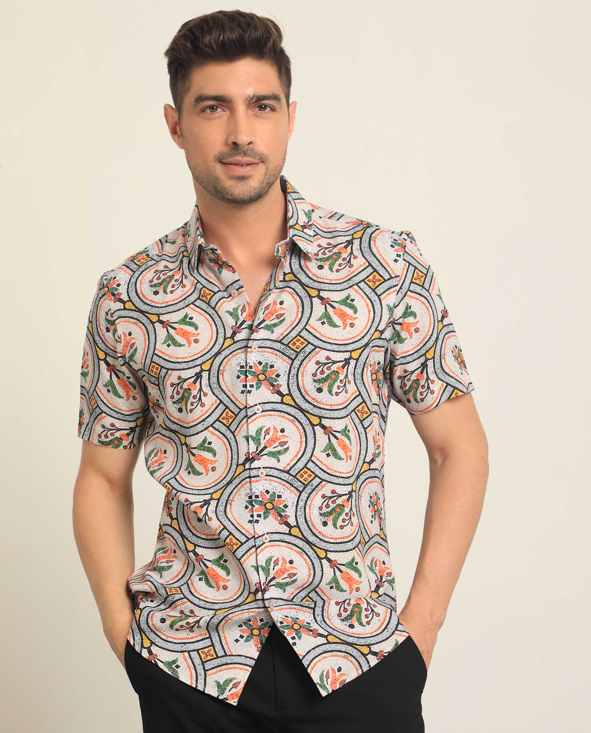 Rare Rabbit Men's Tiles Multi Viscose Fabric Half Sleeves Mosaic Floral Print Shirt