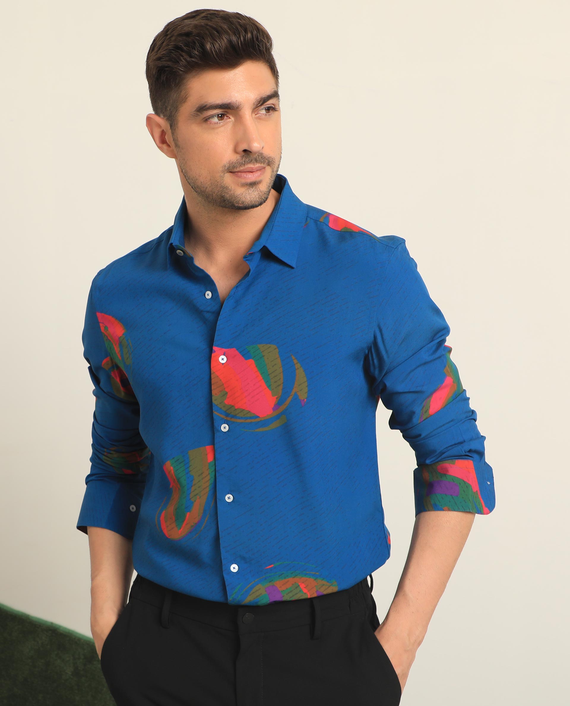 Rare Rabbit Men's Palme Blue Viscose Fabric Abstract Print Full Sleeves Shirt