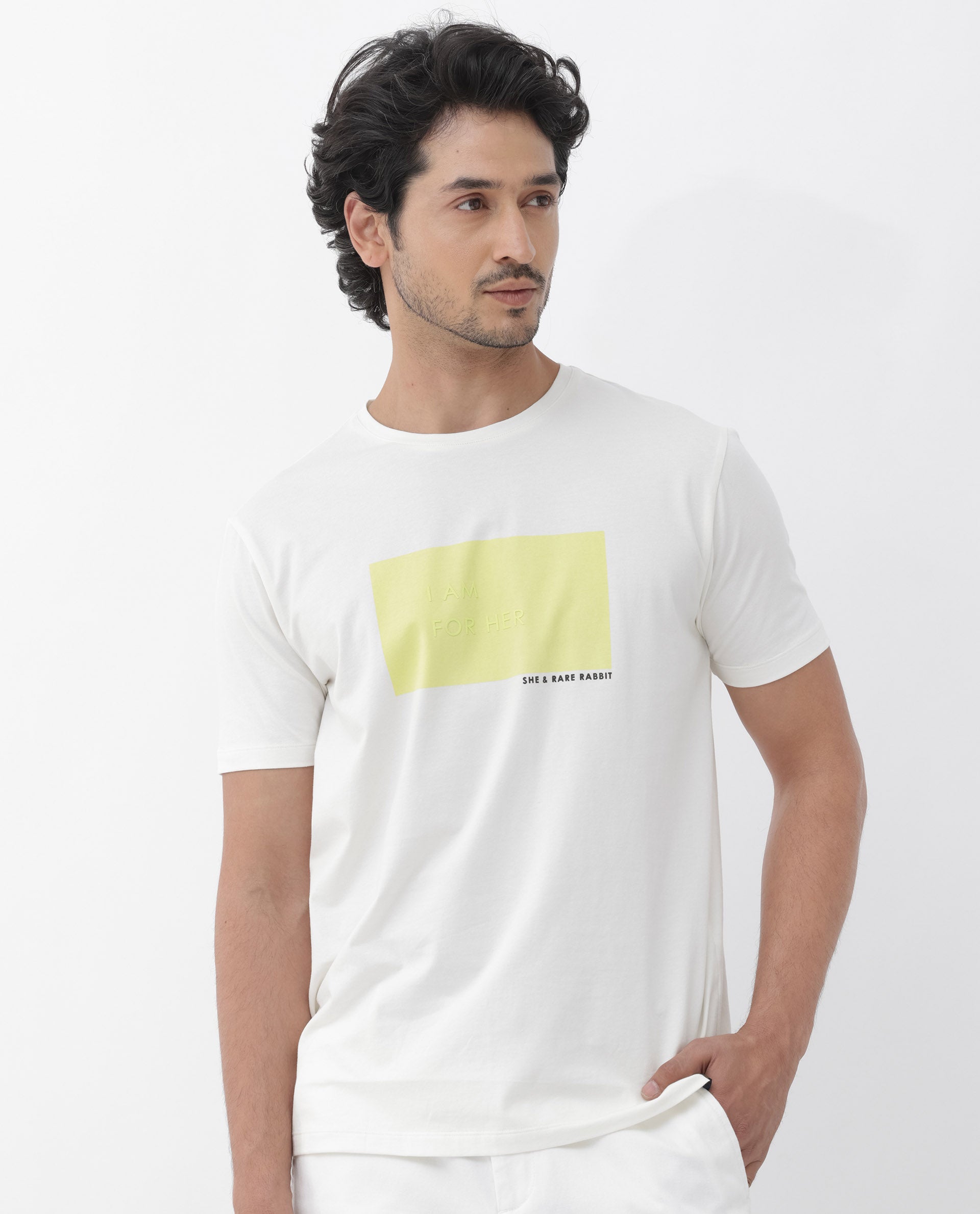 Rare Rabbit Mens Iam-1 White Cotton Lycra Fabric Short Sleeve Slim Fit Graphic Printed T-Shirt