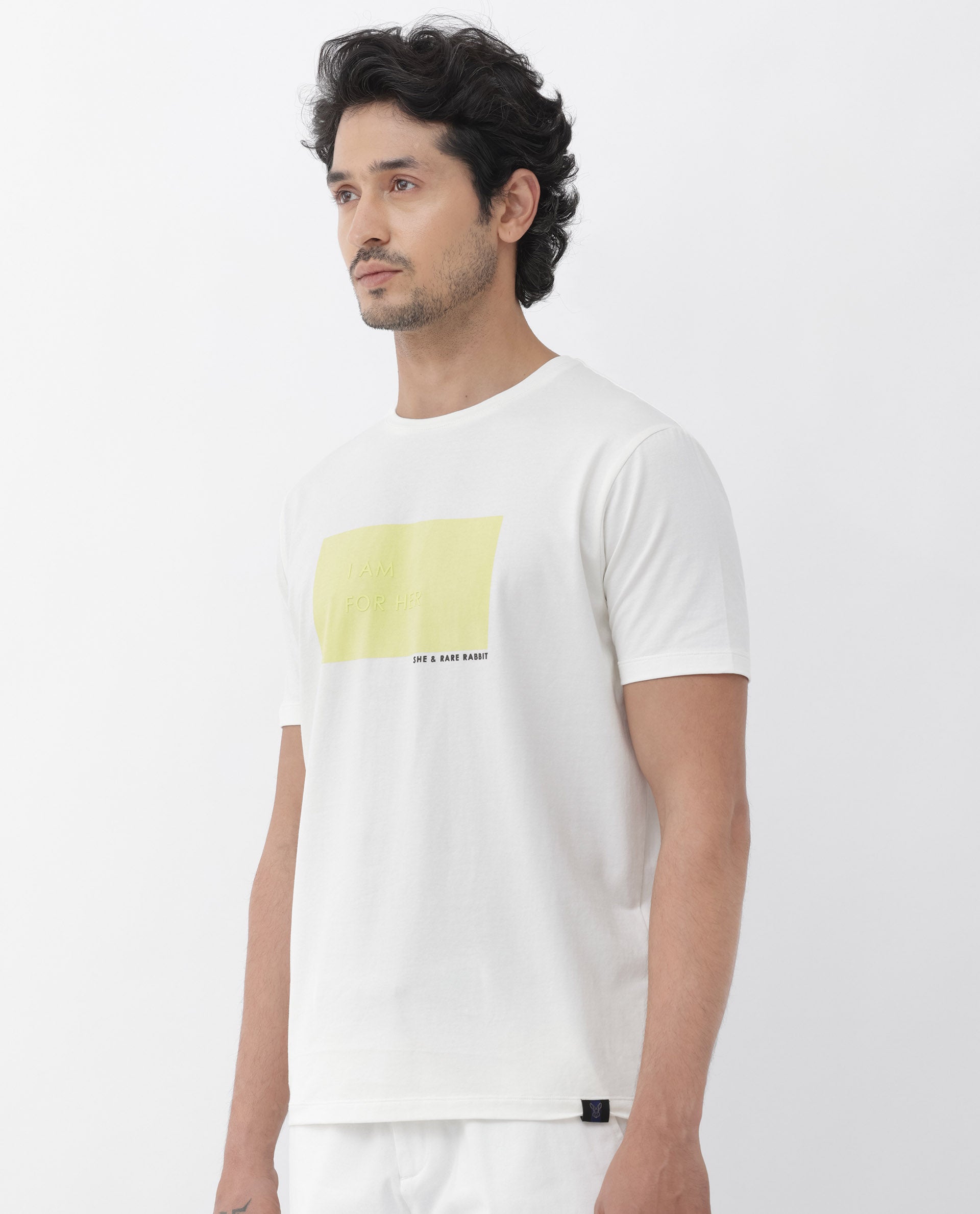 Rare Rabbit Mens Iam-1 White Cotton Lycra Fabric Short Sleeve Slim Fit Graphic Printed T-Shirt