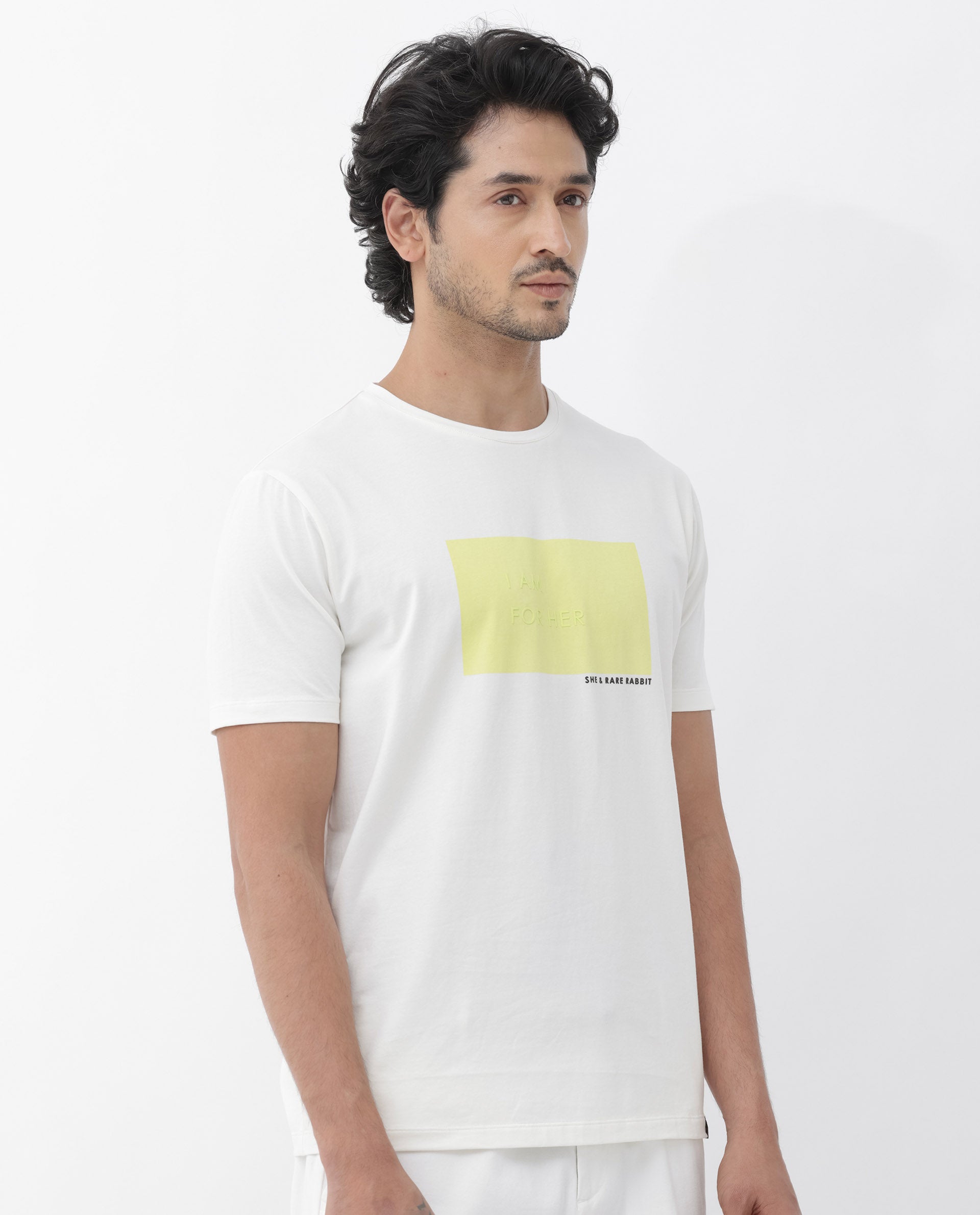 Rare Rabbit Mens Iam-1 White Cotton Lycra Fabric Short Sleeve Slim Fit Graphic Printed T-Shirt