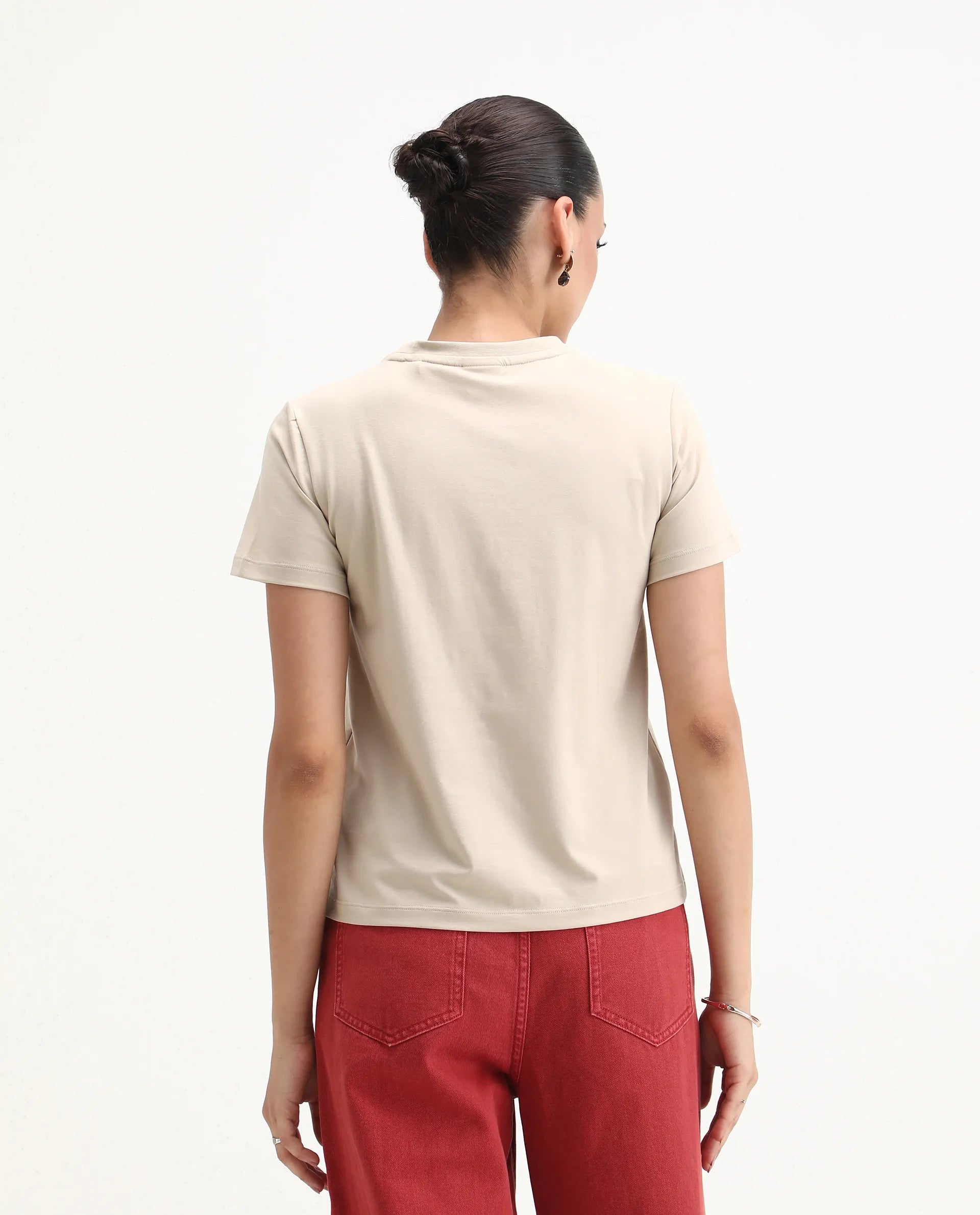 Rareism Women's Ian Beige Cotton Blend Crew Neck Regular Fit T-Shirt