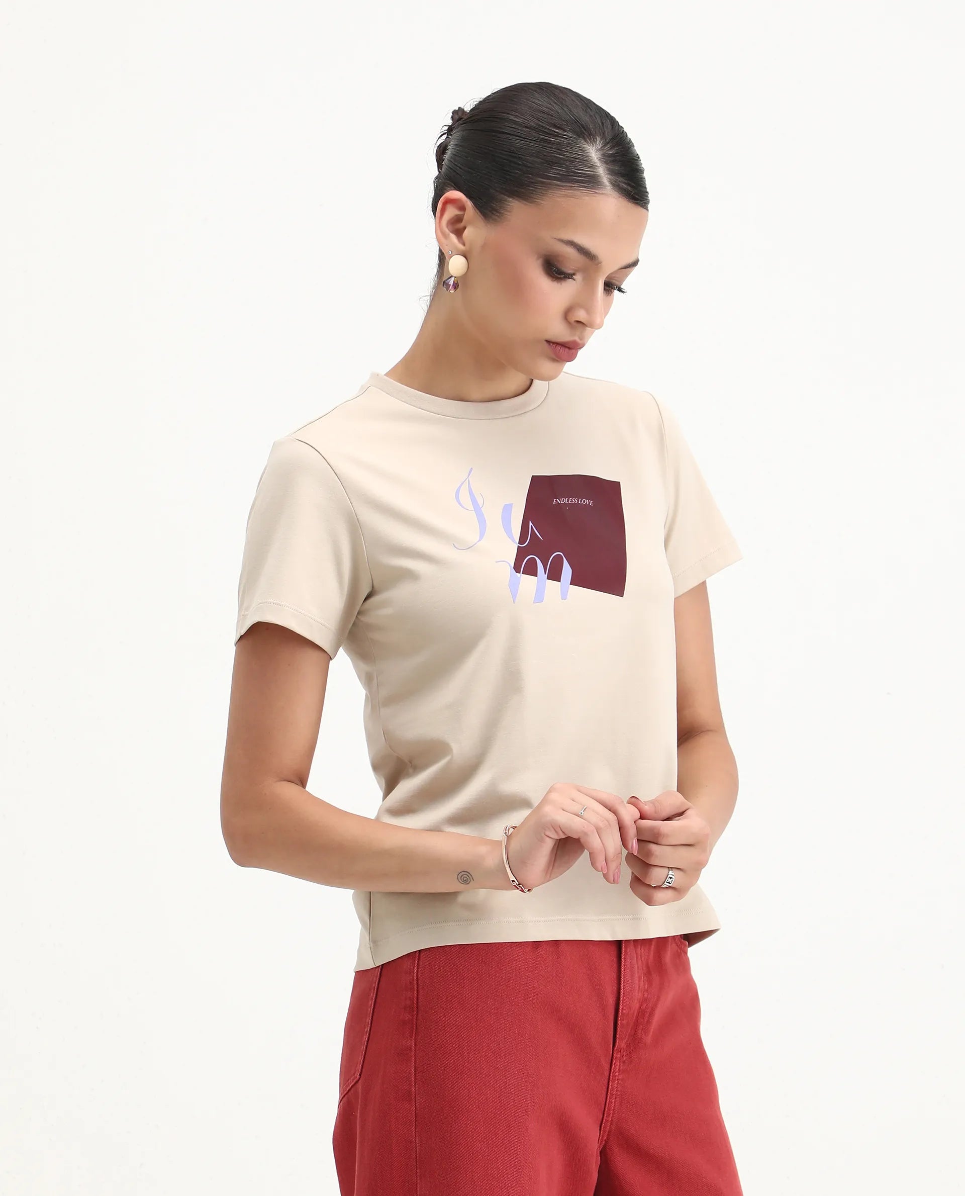 Rareism Women's Ian Beige Cotton Blend Crew Neck Regular Fit T-Shirt