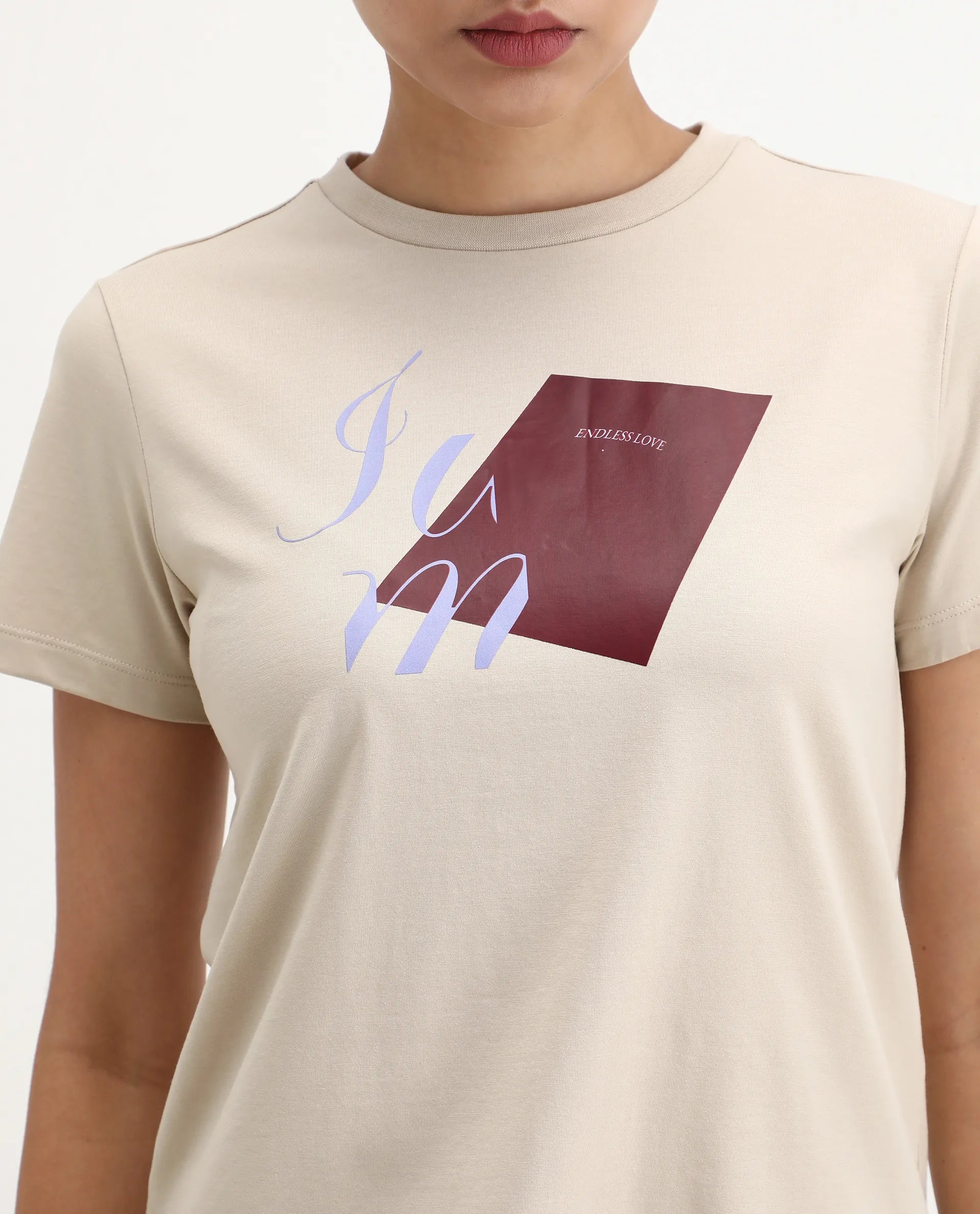 Rareism Women's Ian Beige Cotton Blend Crew Neck Regular Fit T-Shirt