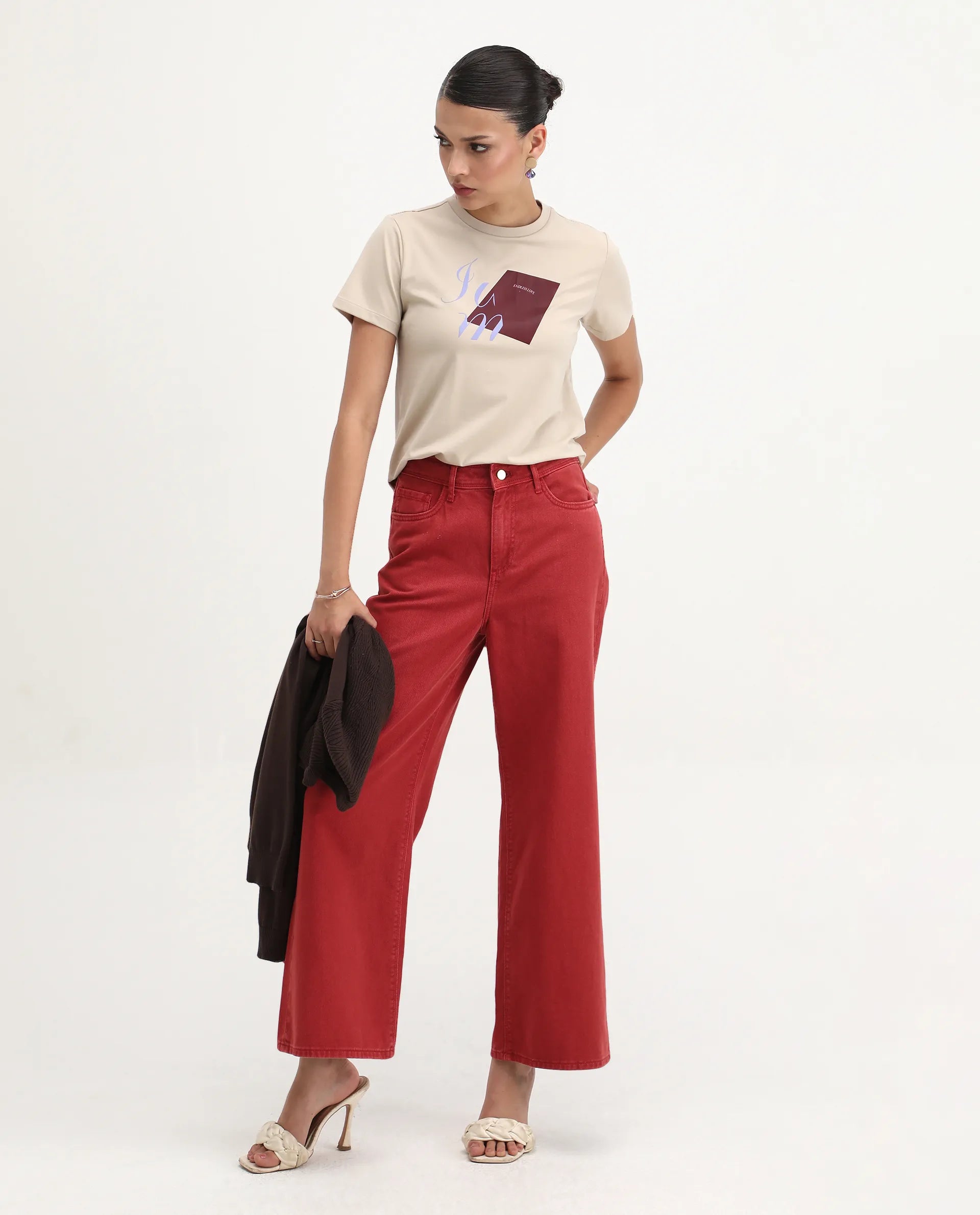 Rareism Women's Ian Beige Cotton Blend Crew Neck Regular Fit T-Shirt