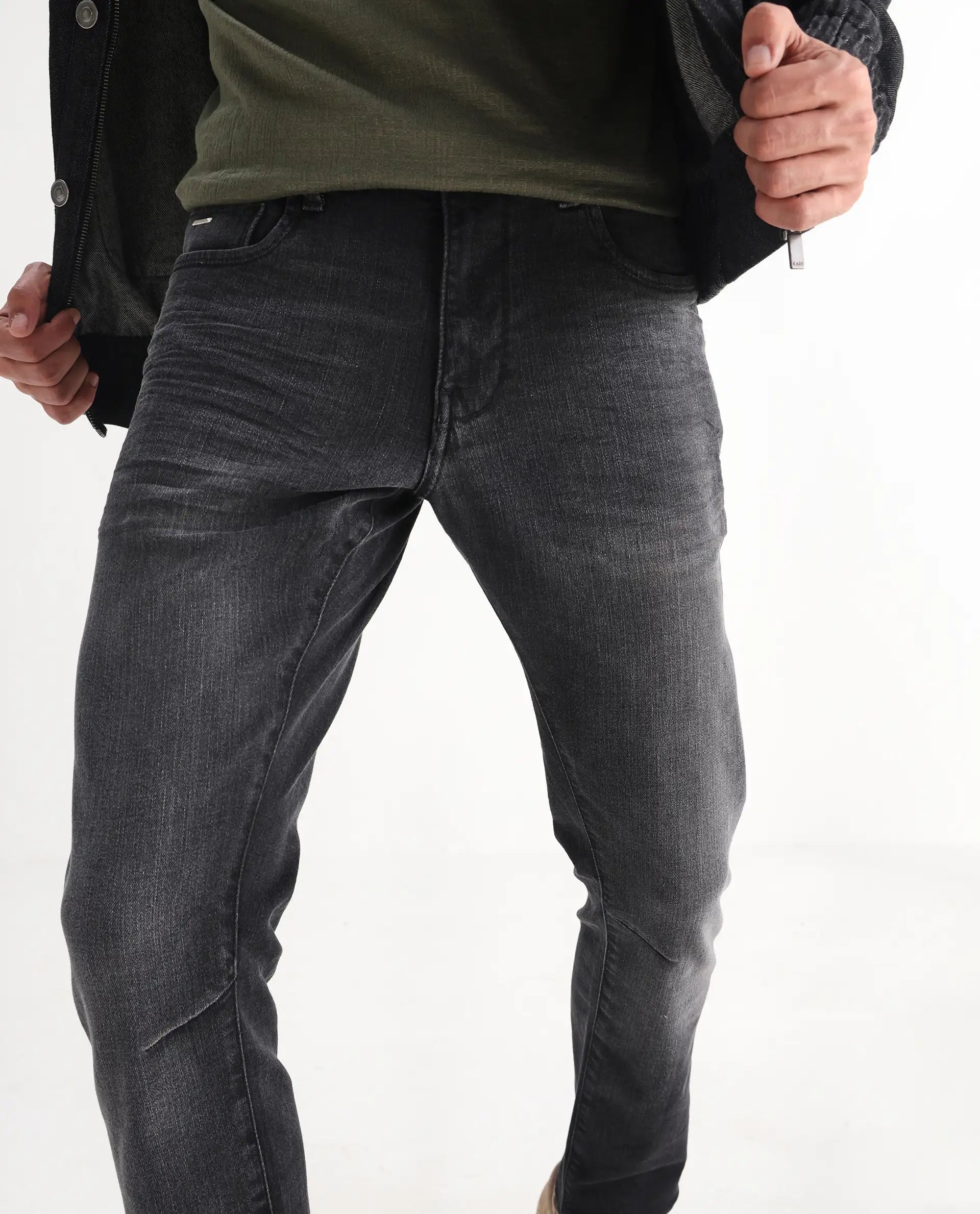 Rare Rabbit Men's Ian Grey Cotton Blend Plain Hawk Slim Fit Jeans