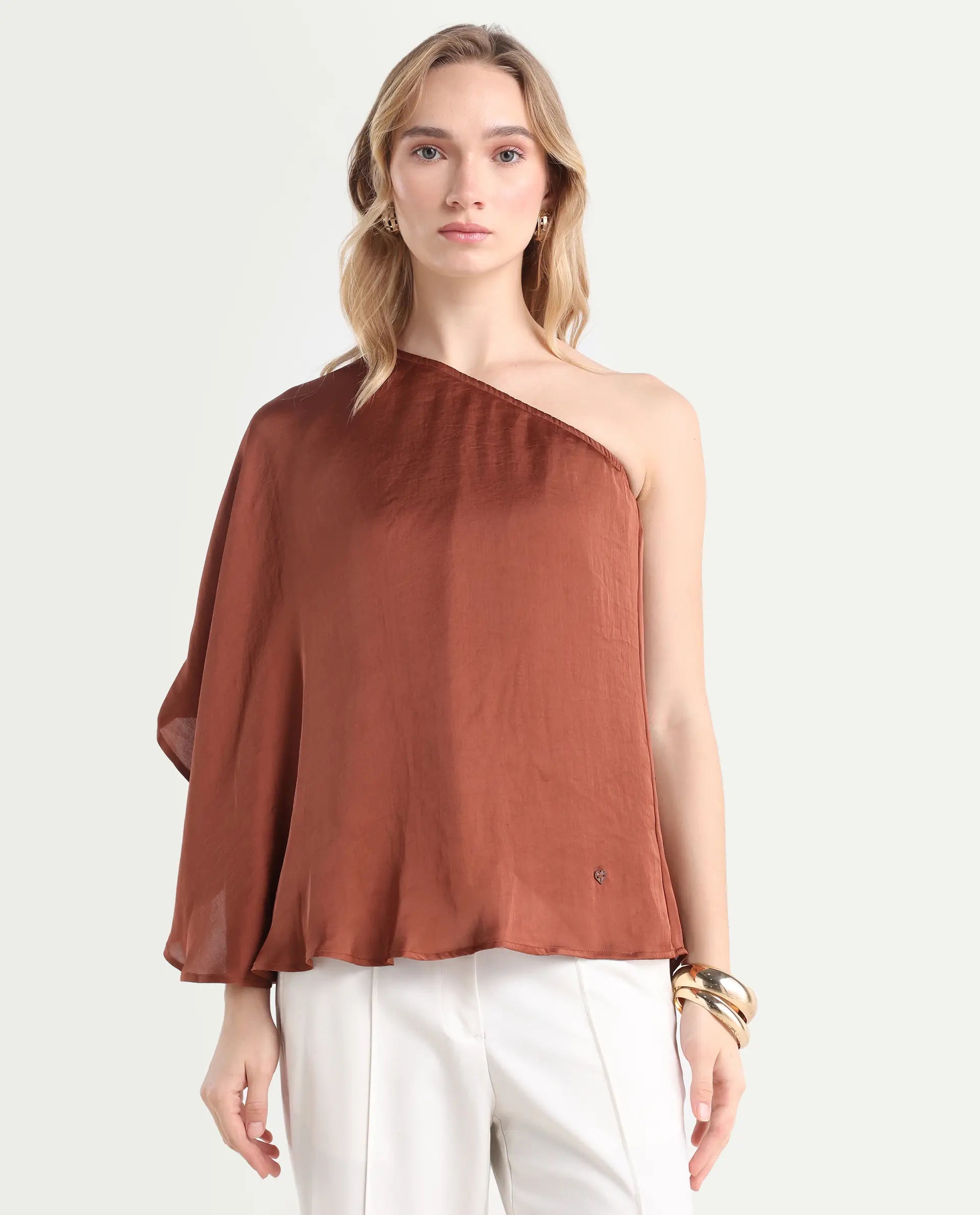 Rareism Women's Ibis Dark Brown Polyester Collarless Plain Flared Sleeve Regular Fit Top