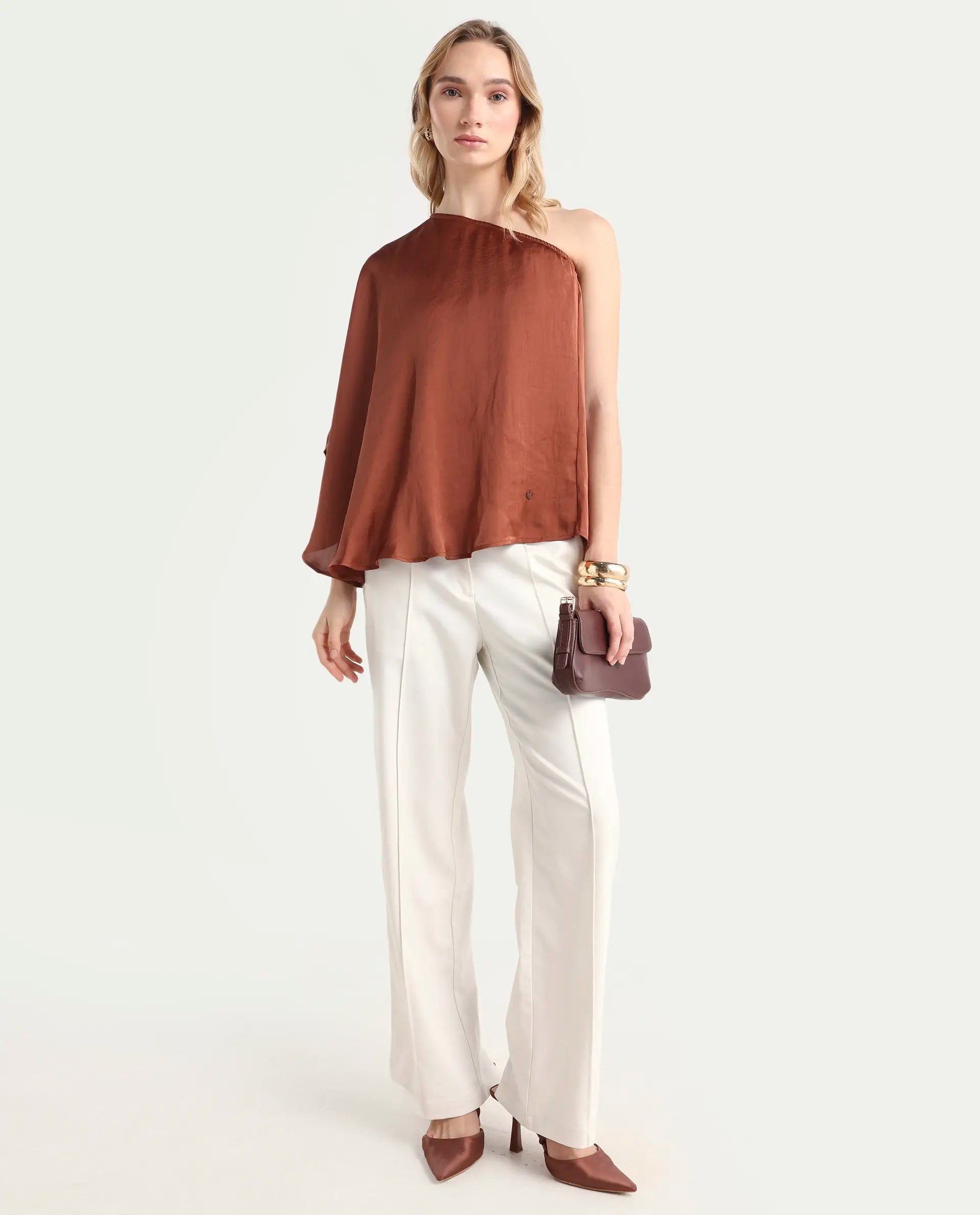 Rareism Women's Ibis Dark Brown Polyester Collarless Plain Flared Sleeve Regular Fit Top