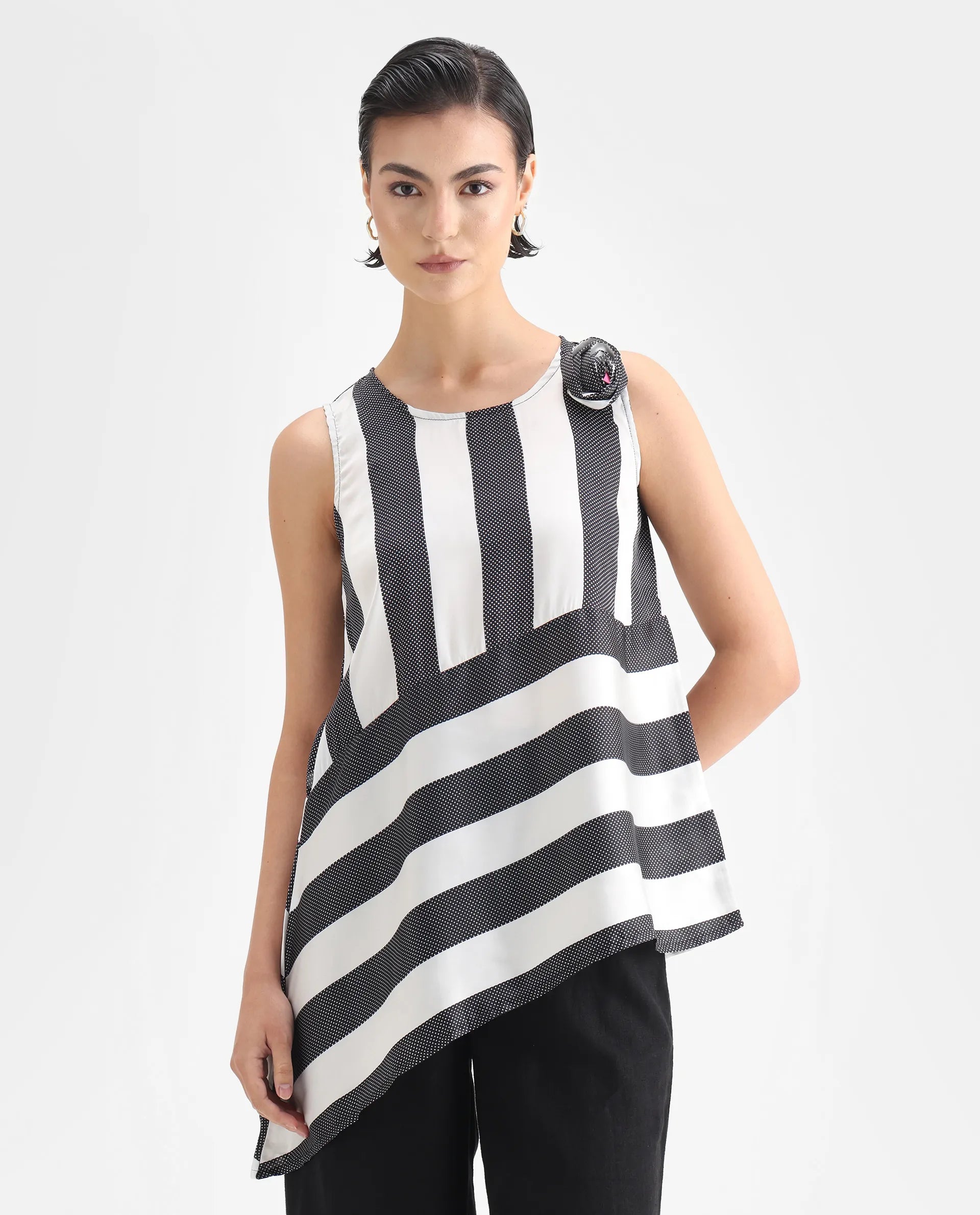 Rareism Women's Idaho - White Polyester Boat Neck Striped Sleeveless Regular Fit Top