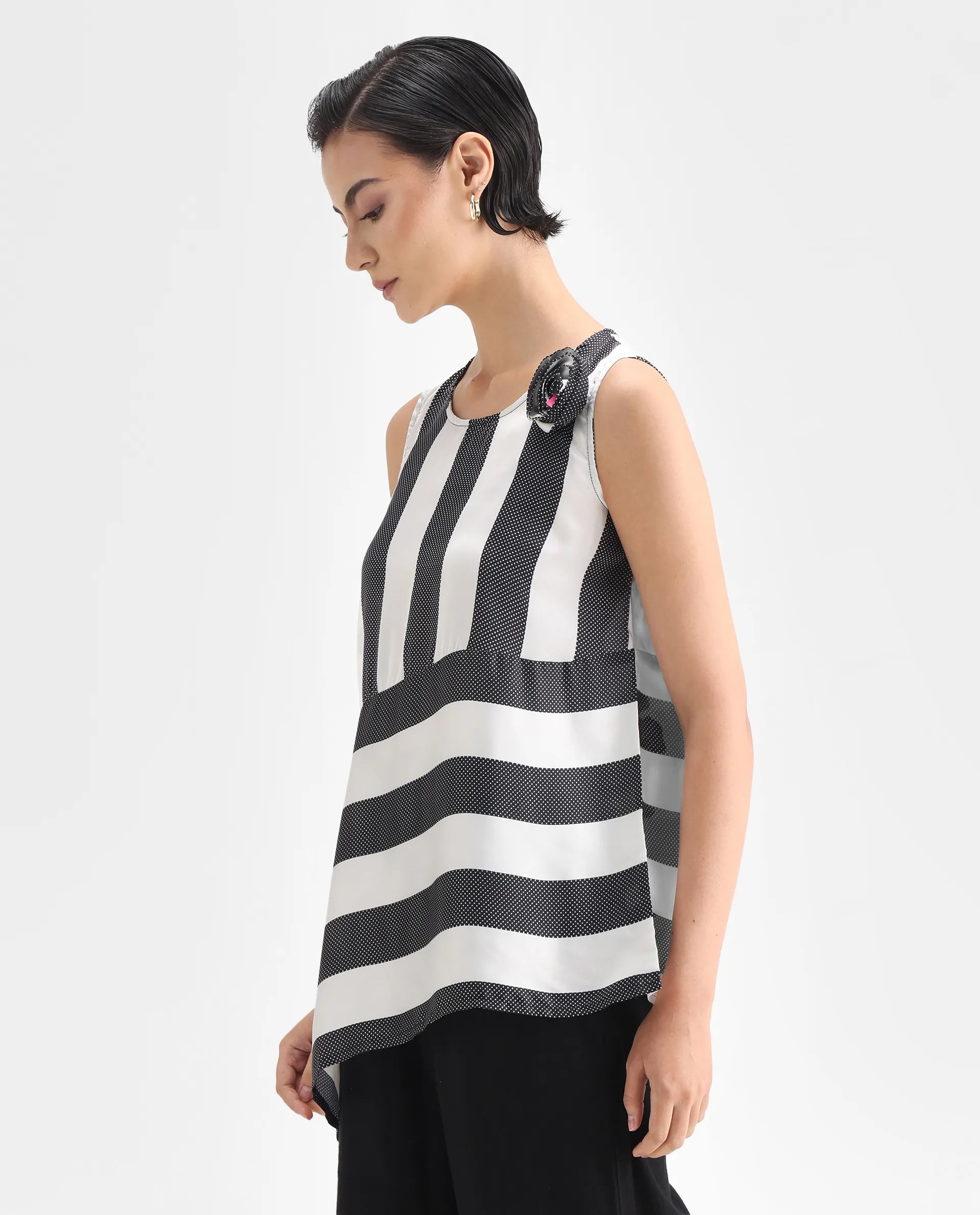 Rareism Women's Idaho - White Polyester Boat Neck Striped Sleeveless Regular Fit Top