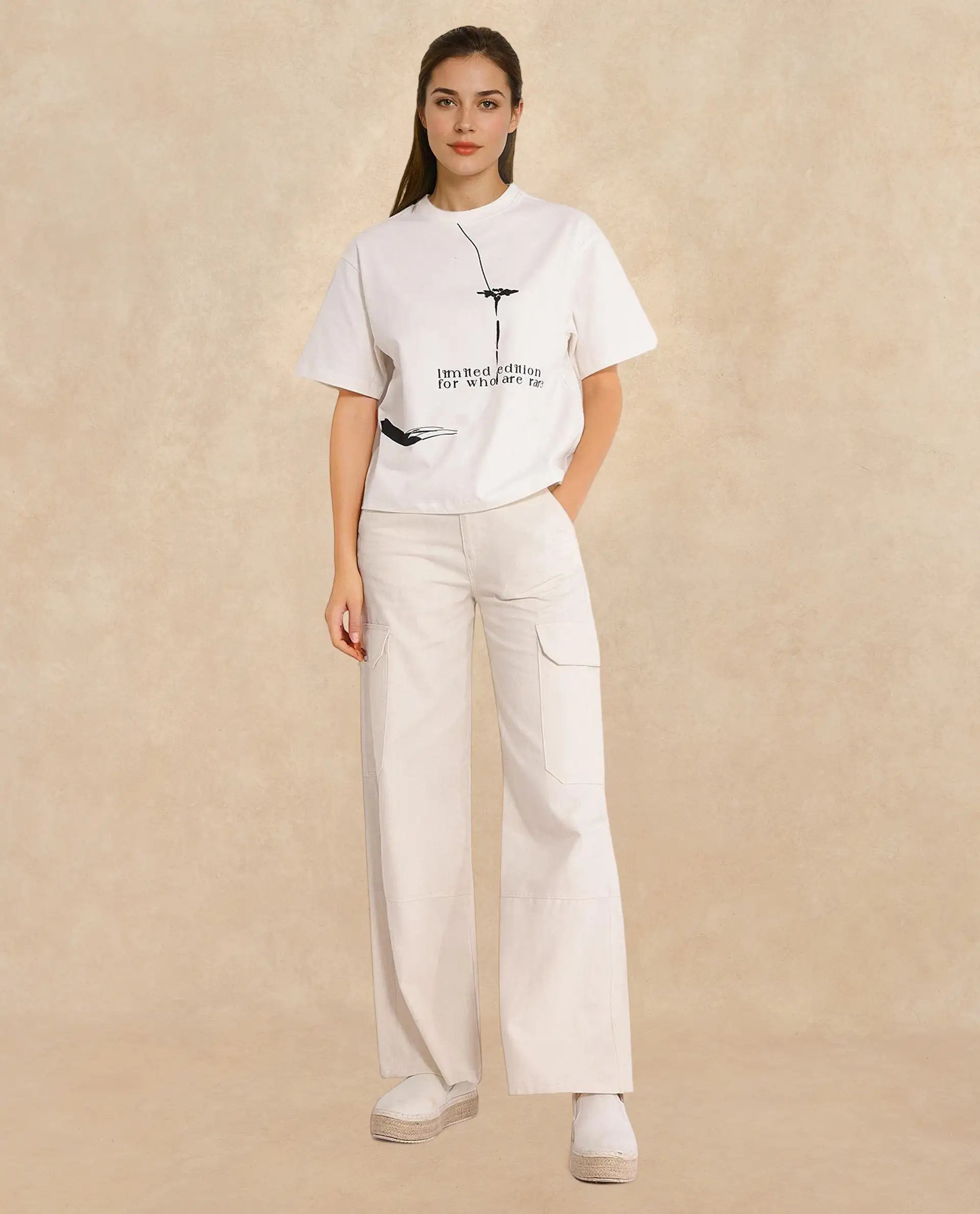 Rareism Women Ida Off White Cotton Fabric Short Sleeve Crew Neck Solid T-Shirt