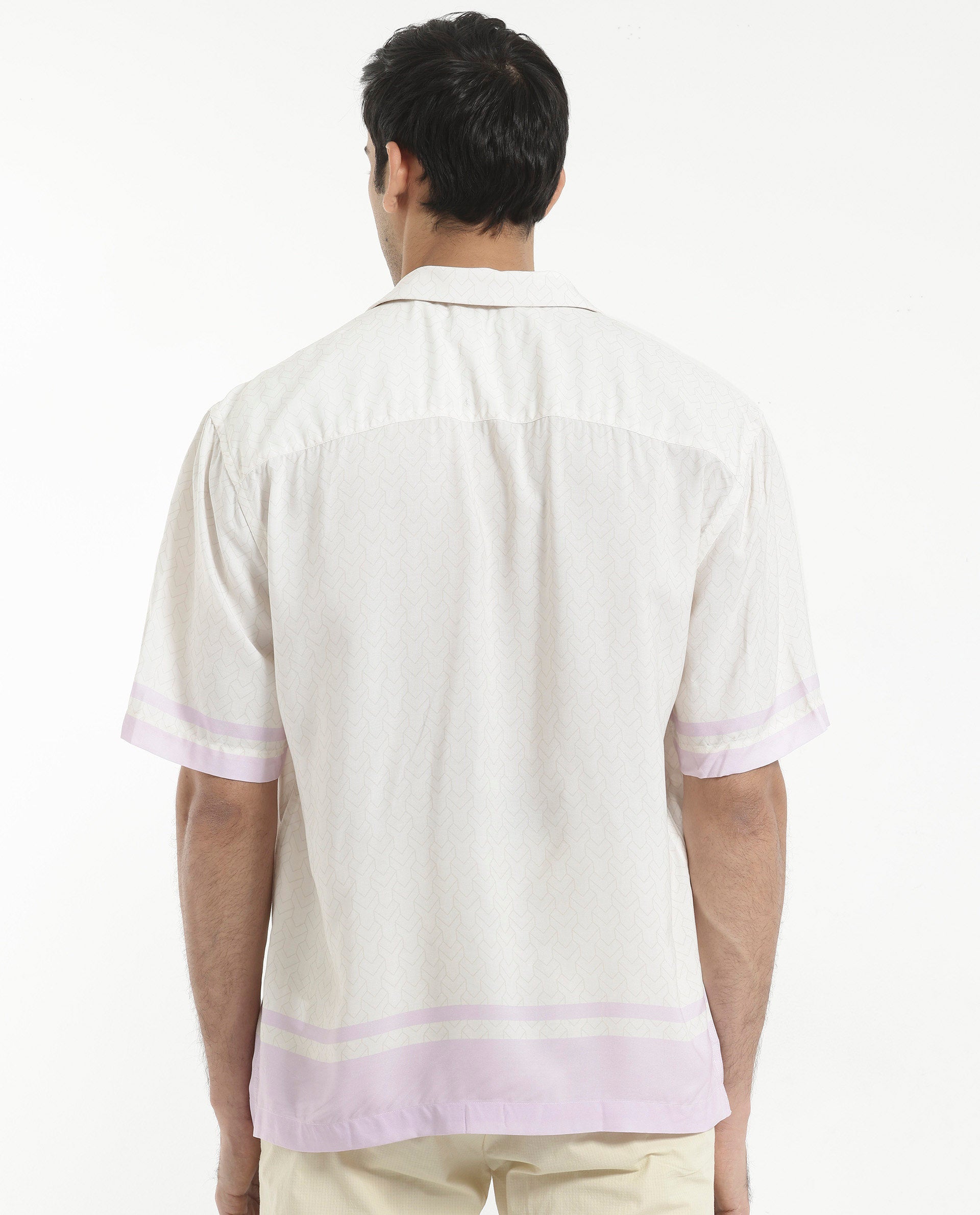 Rare Rabbit Men's Idir Off White Viscose Fabric Short Sleeve Cuban Collar Boxy Fit Monogram Print Shirt