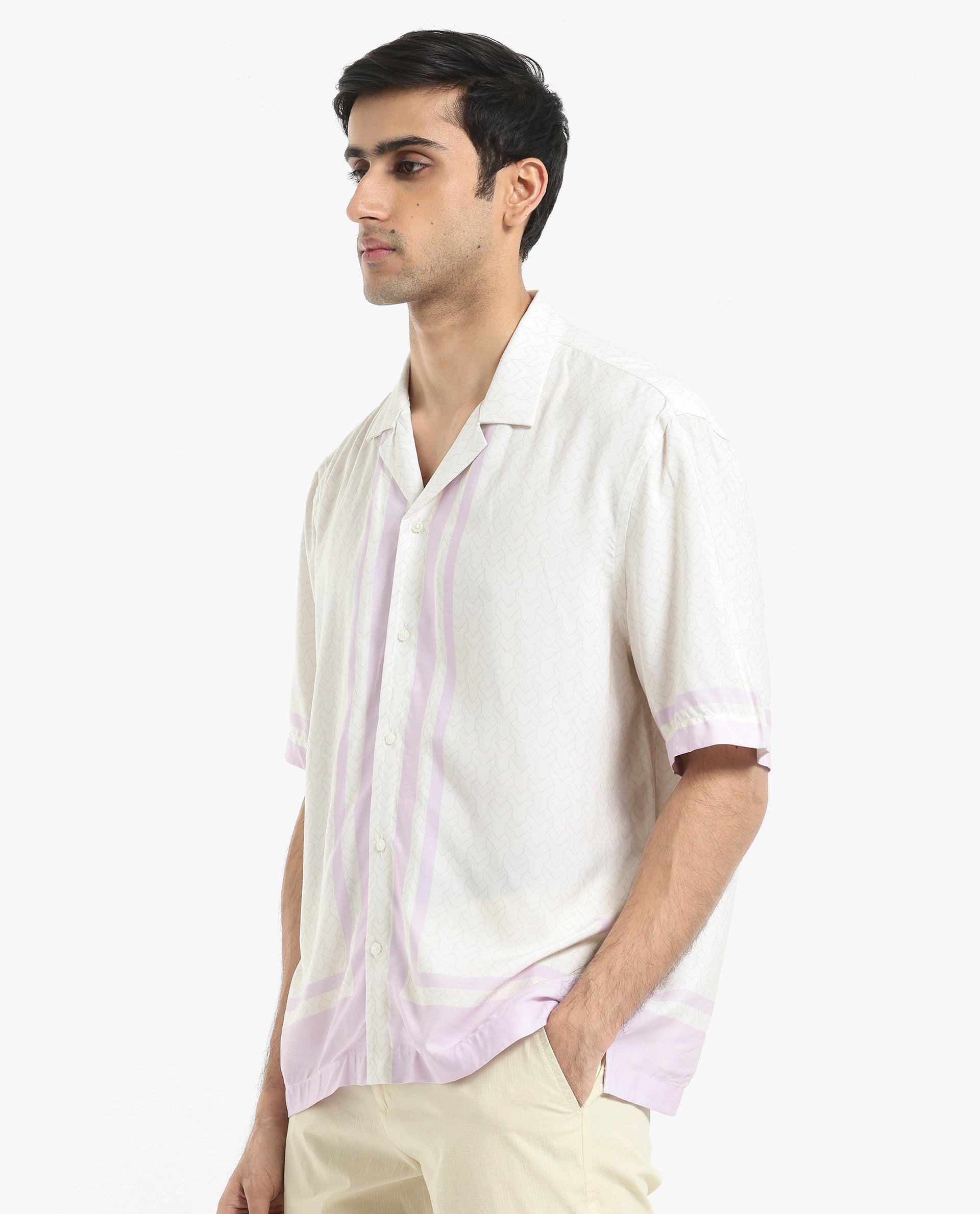 Rare Rabbit Men's Idir Off White Viscose Fabric Short Sleeve Cuban Collar Boxy Fit Monogram Print Shirt
