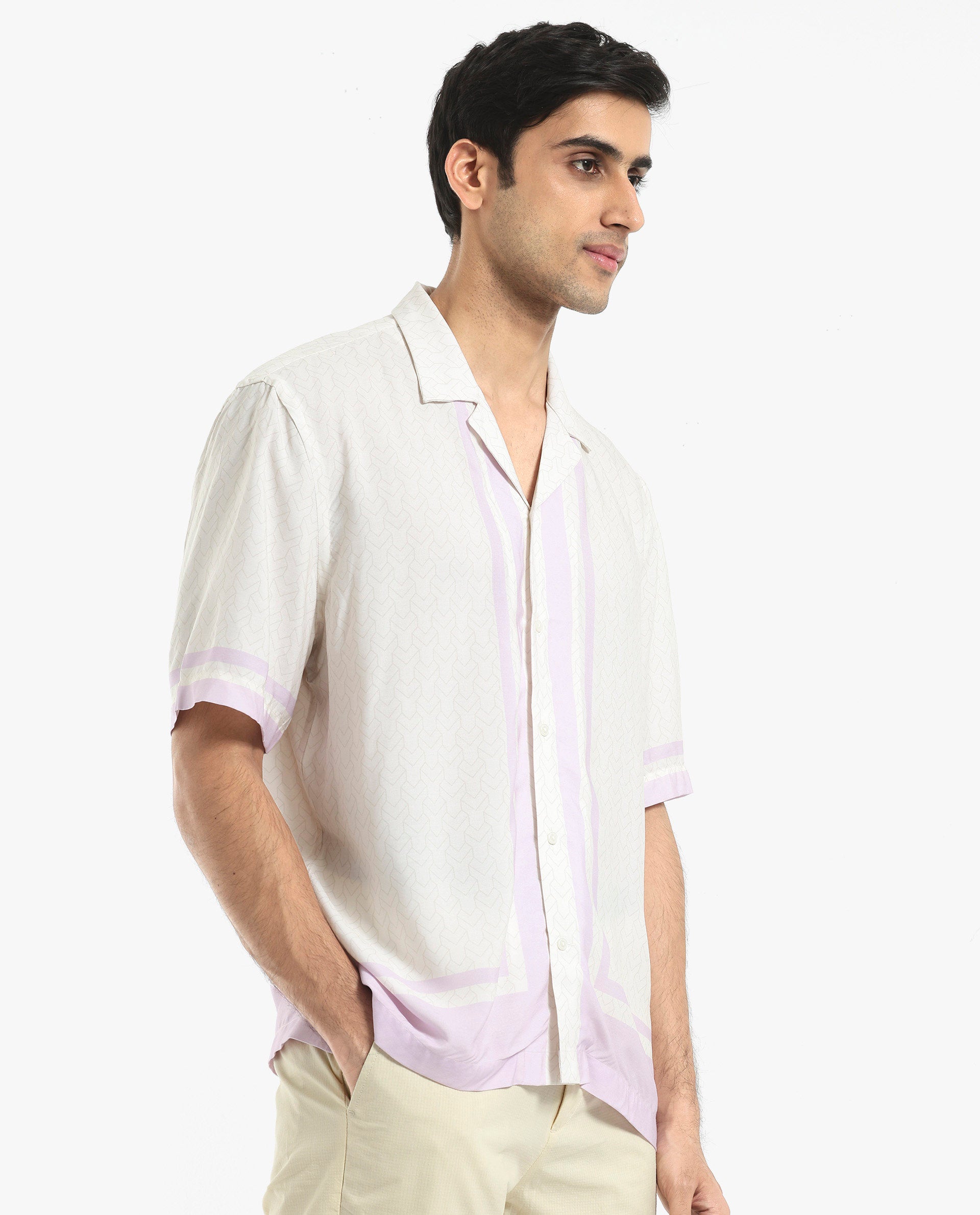 Rare Rabbit Men's Idir Off White Viscose Fabric Short Sleeve Cuban Collar Boxy Fit Monogram Print Shirt