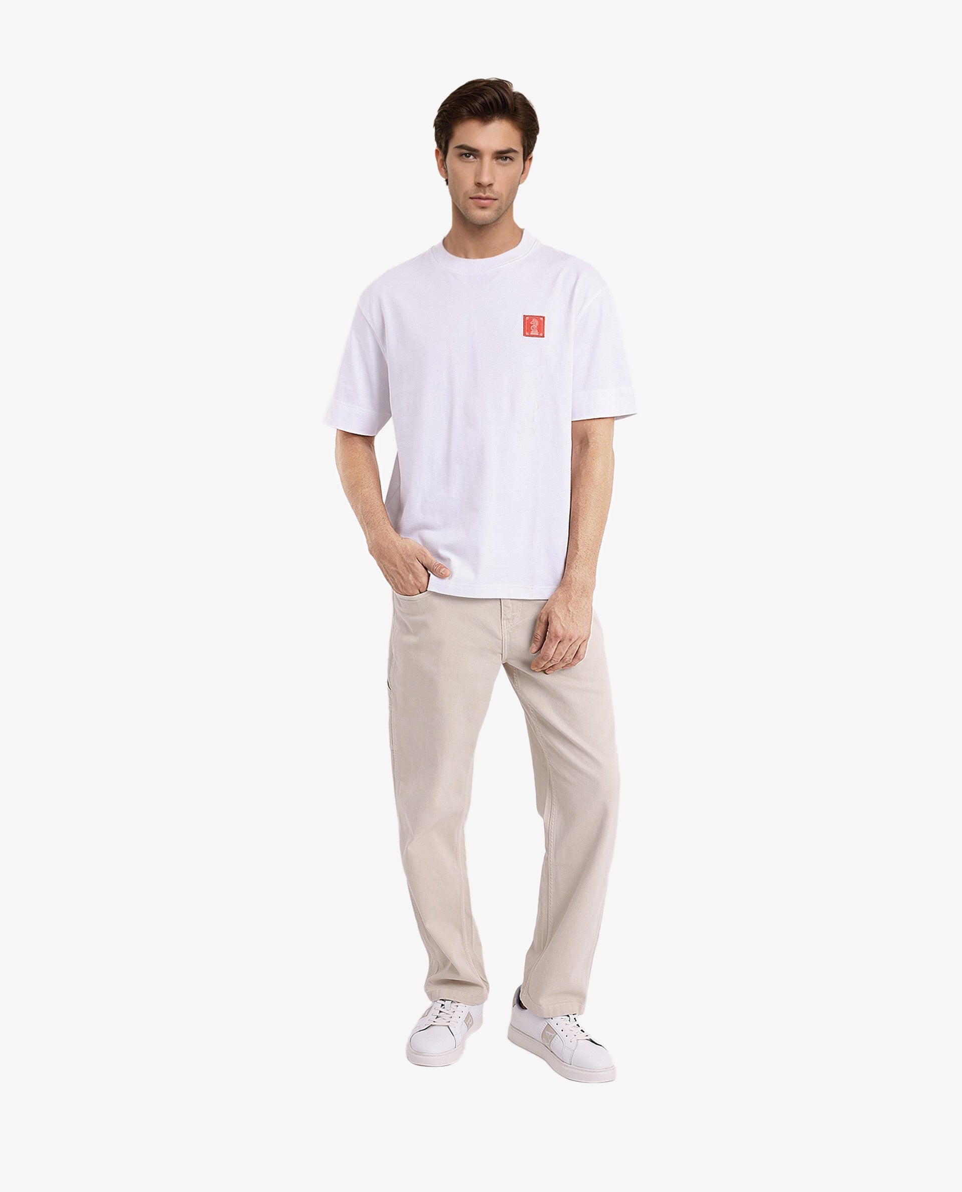 Rare Rabbit Men Ight White Cotton Fabric Short Sleeve Crew Neck Oversized Fit Graphic Back Print T-Shirt