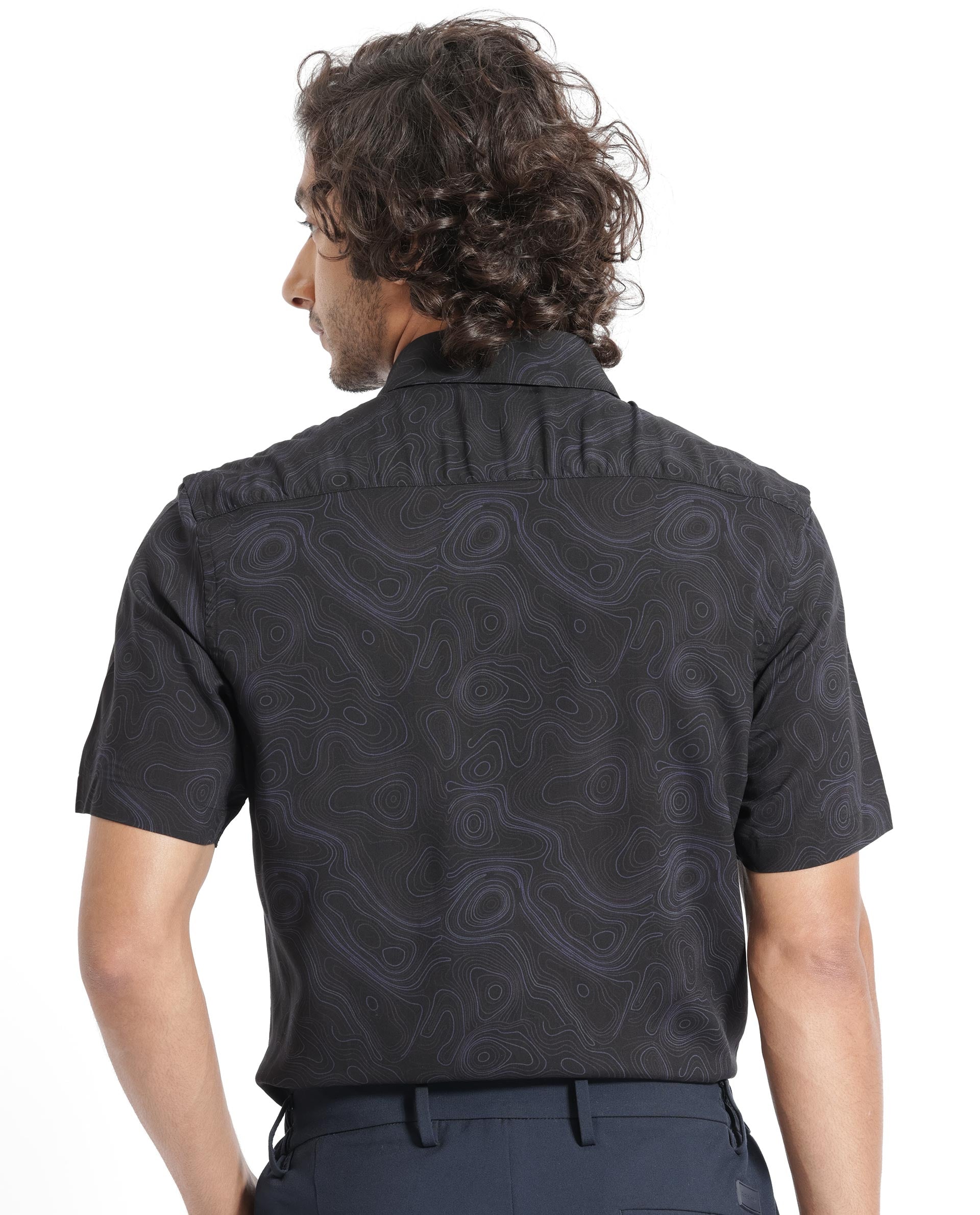 Rare Rabbit Men's Ignitee Ss Black Viscose Fabric Abstract Print Half Sleeves Shirt