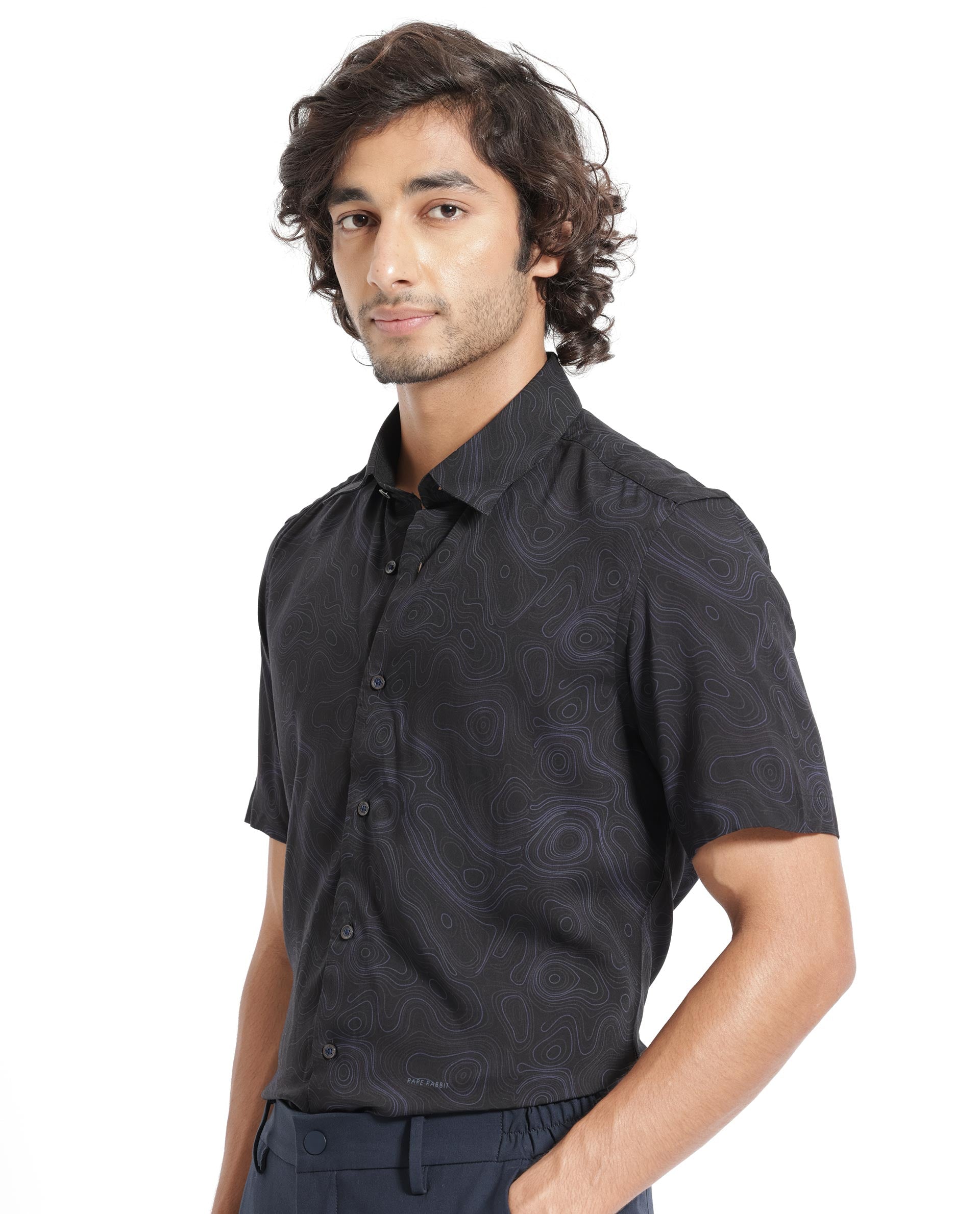 Rare Rabbit Men's Ignitee Ss Black Viscose Fabric Abstract Print Half Sleeves Shirt