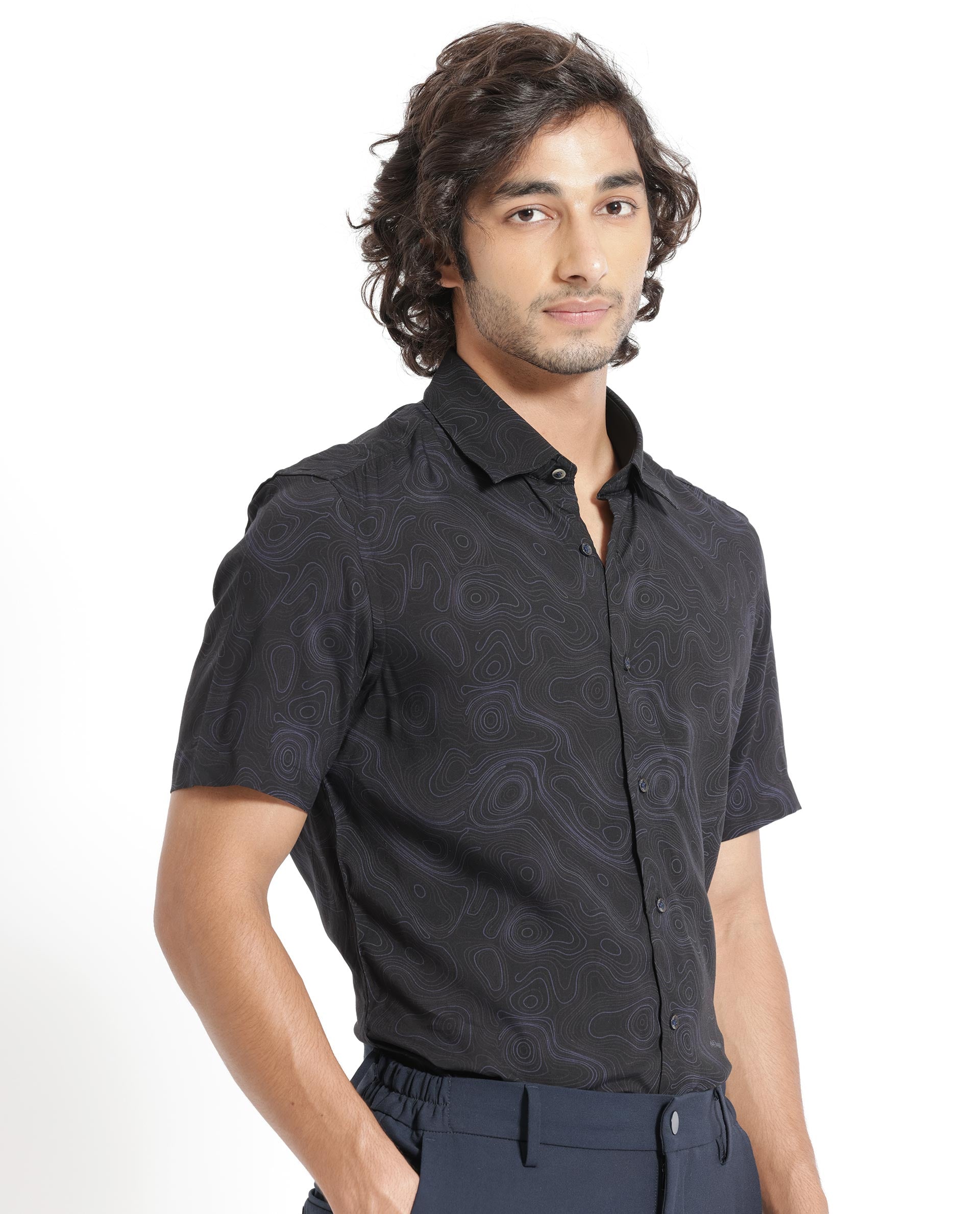 Rare Rabbit Men's Ignitee Ss Black Viscose Fabric Abstract Print Half Sleeves Shirt