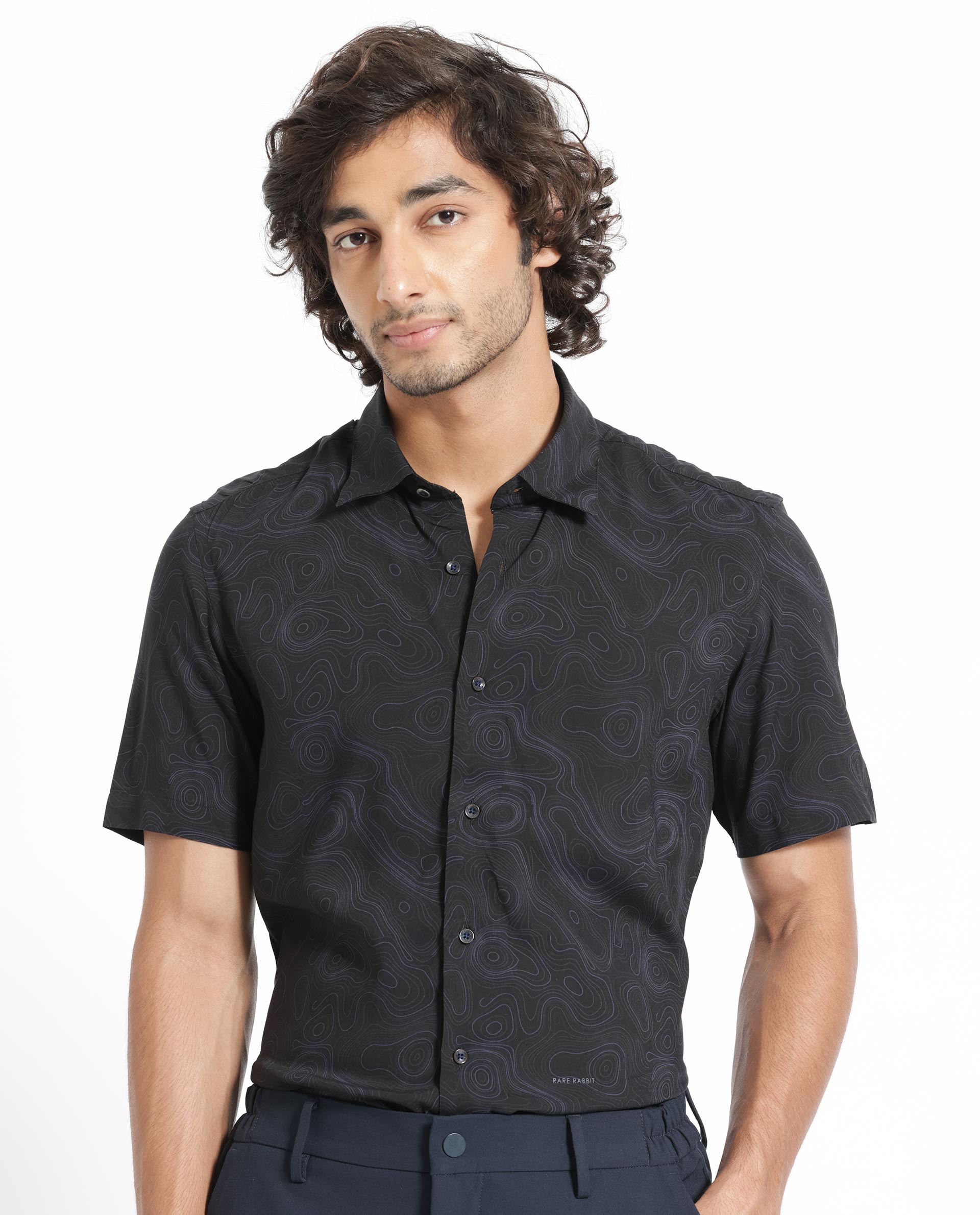 Rare Rabbit Men's Ignitee Ss Black Viscose Fabric Abstract Print Half Sleeves Shirt