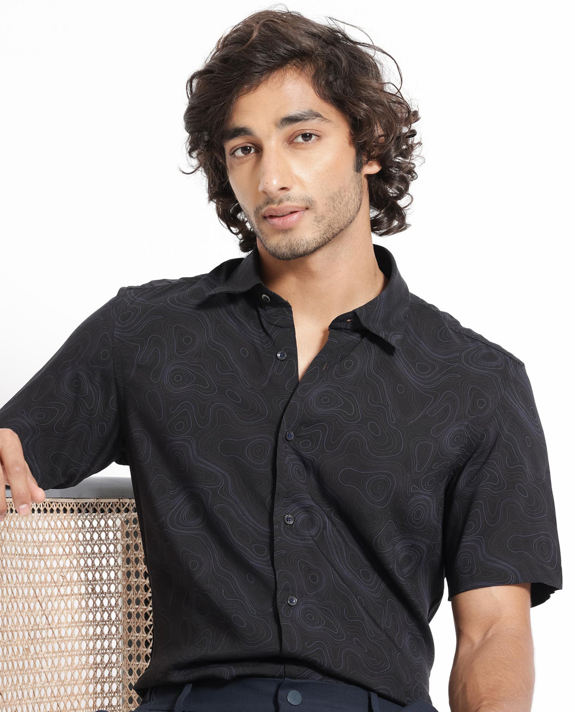 Rare Rabbit Men's Ignitee Ss Black Viscose Fabric Abstract Print Half Sleeves Shirt