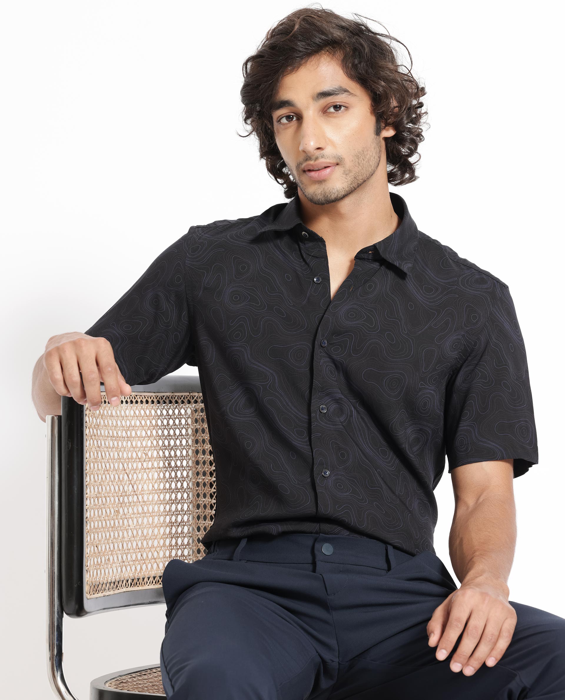 Rare Rabbit Men's Ignitee Ss Black Viscose Fabric Abstract Print Half Sleeves Shirt