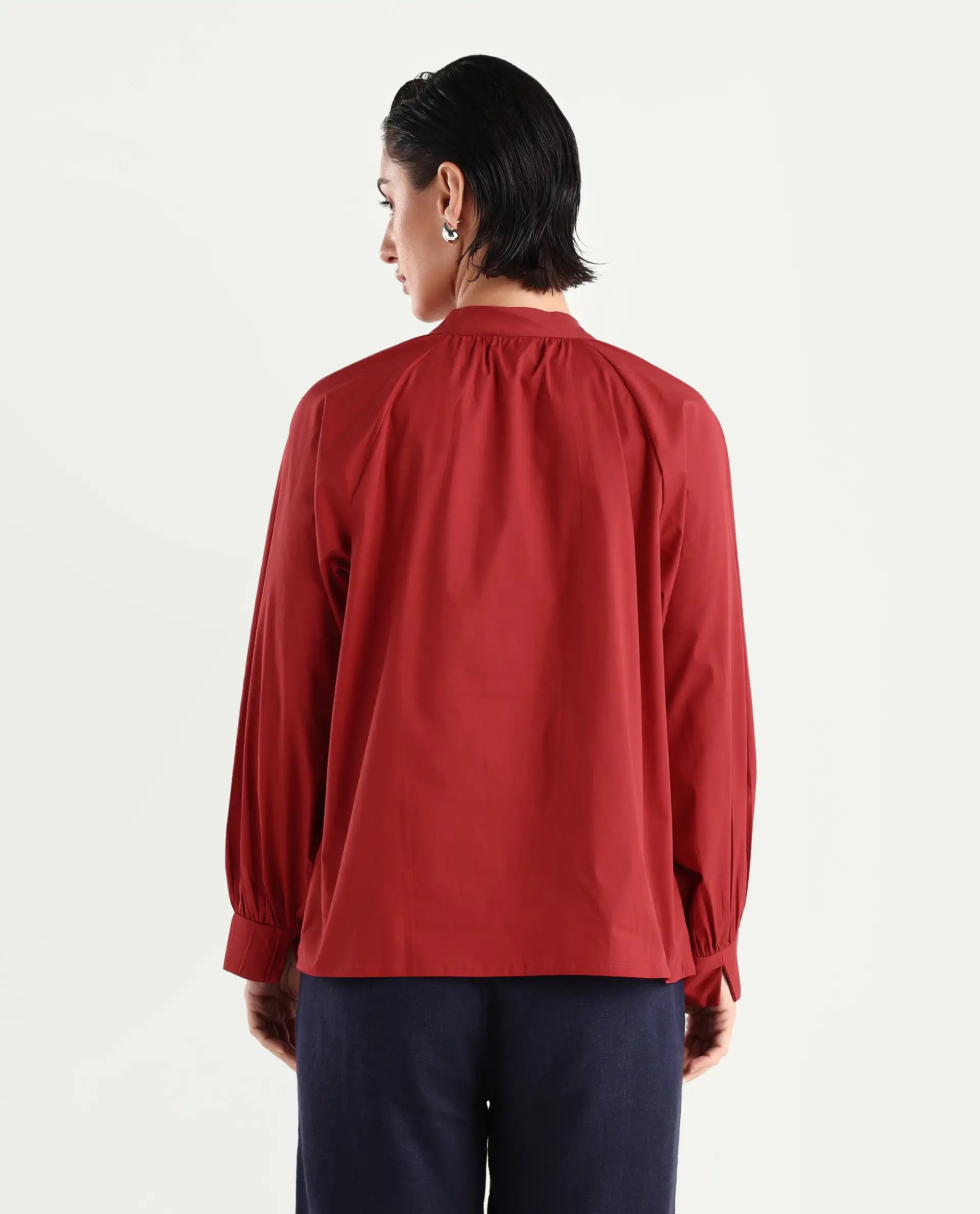 Rareism Women's Ihit Red Cotton Blend High Neck Plain Bishop Sleeve Relaxed Fit Top
