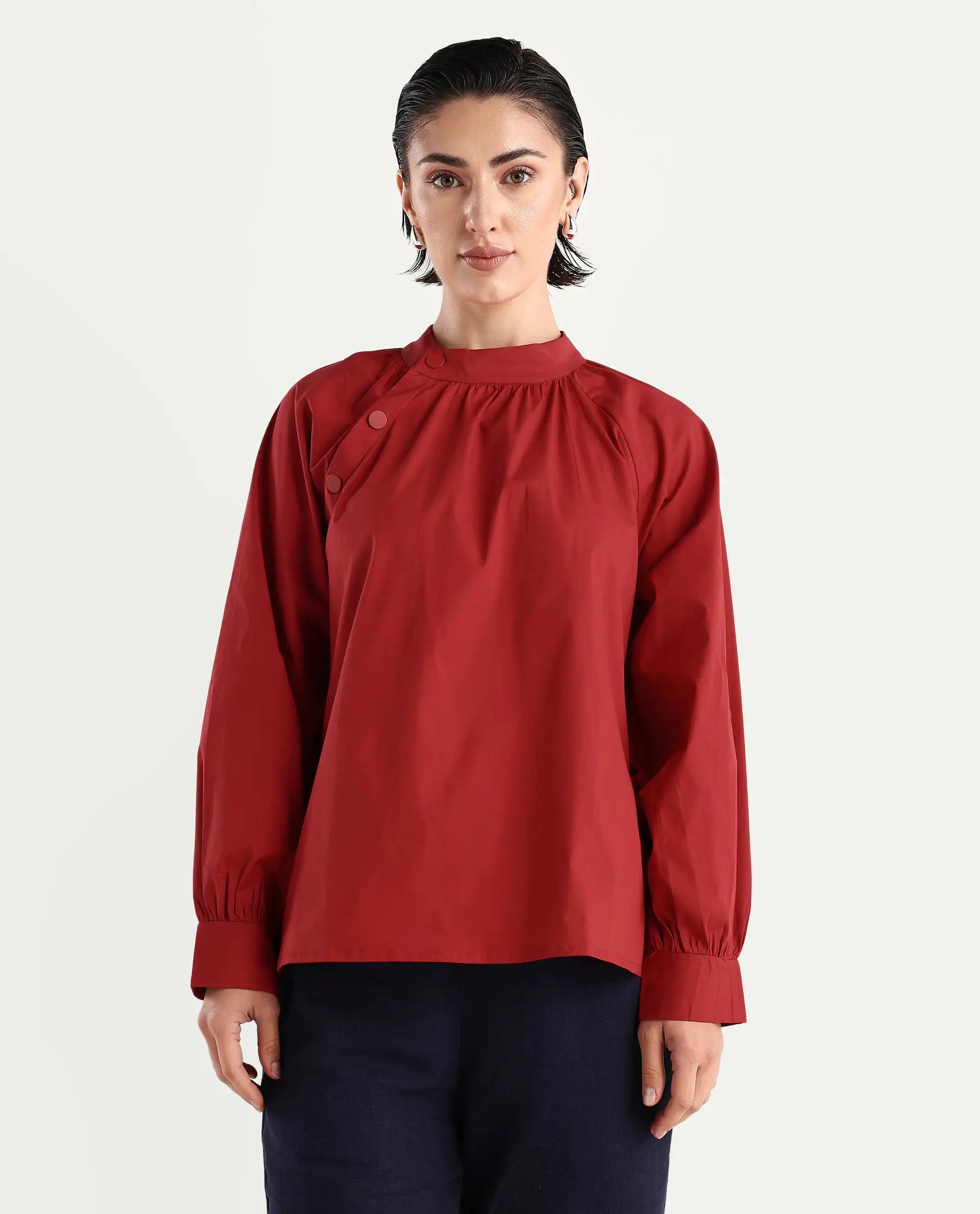 Rareism Women's Ihit Red Cotton Blend High Neck Plain Bishop Sleeve Relaxed Fit Top