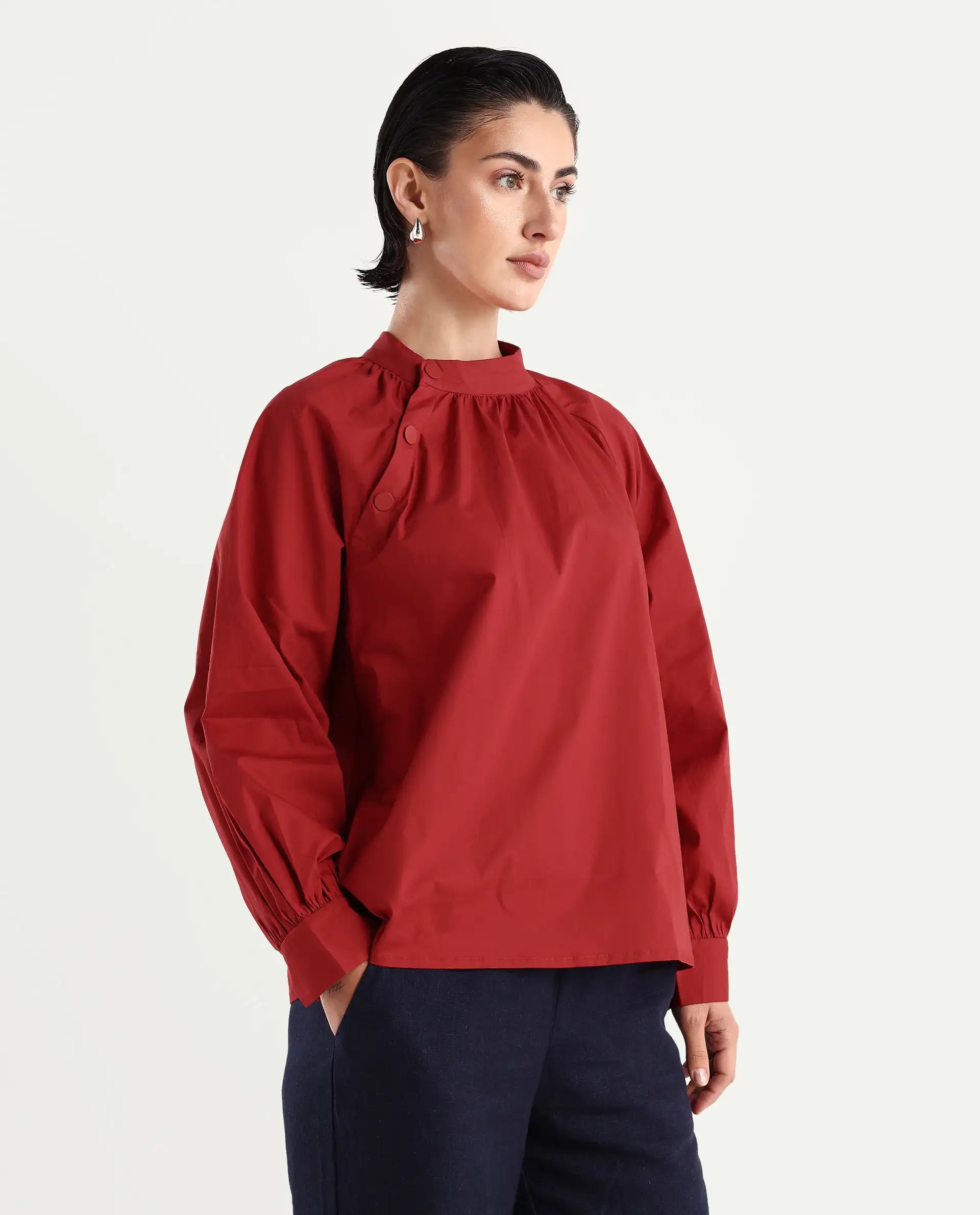 Rareism Women's Ihit Red Cotton Blend High Neck Plain Bishop Sleeve Relaxed Fit Top
