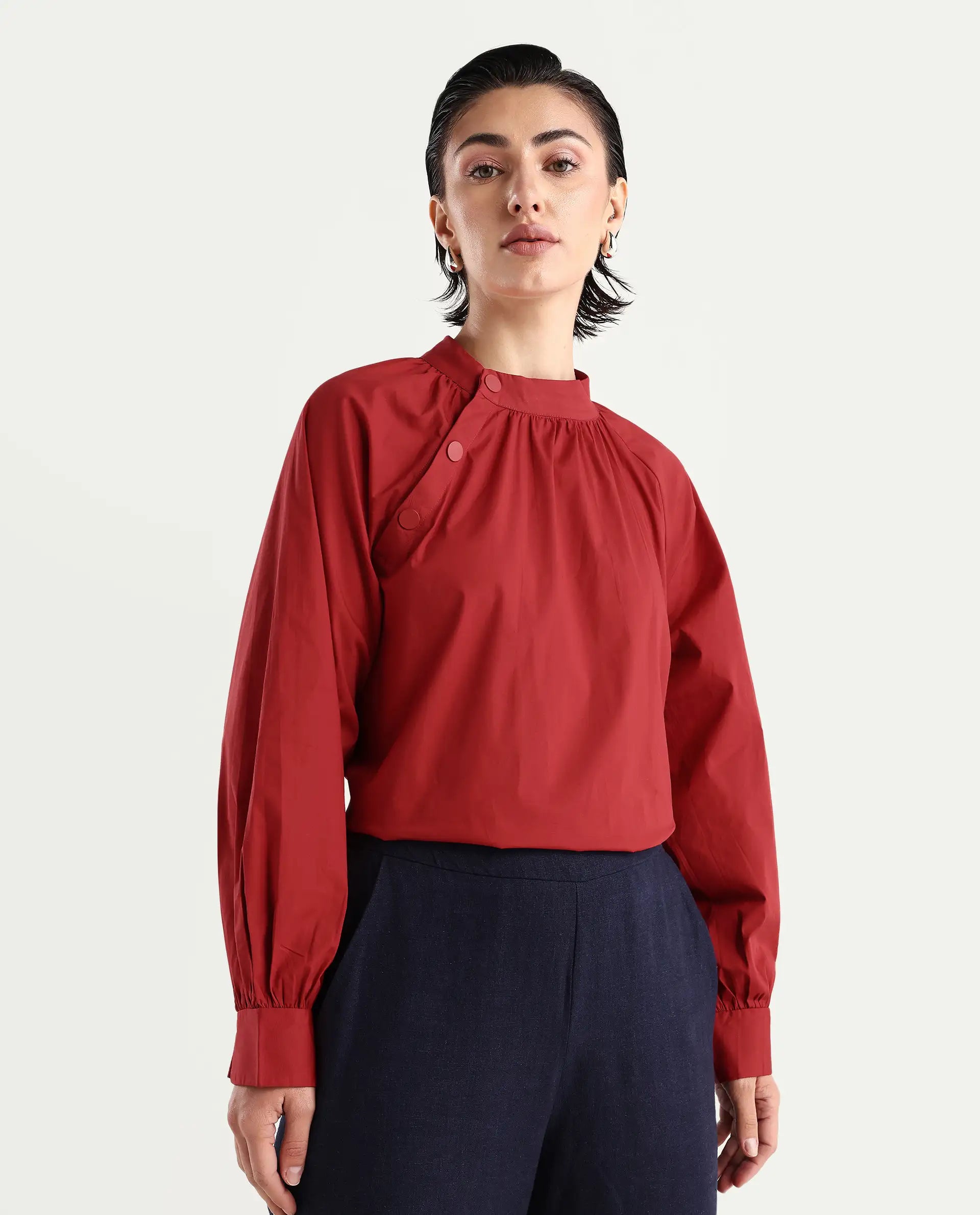 Rareism Women's Ihit Red Cotton Blend High Neck Plain Bishop Sleeve Relaxed Fit Top