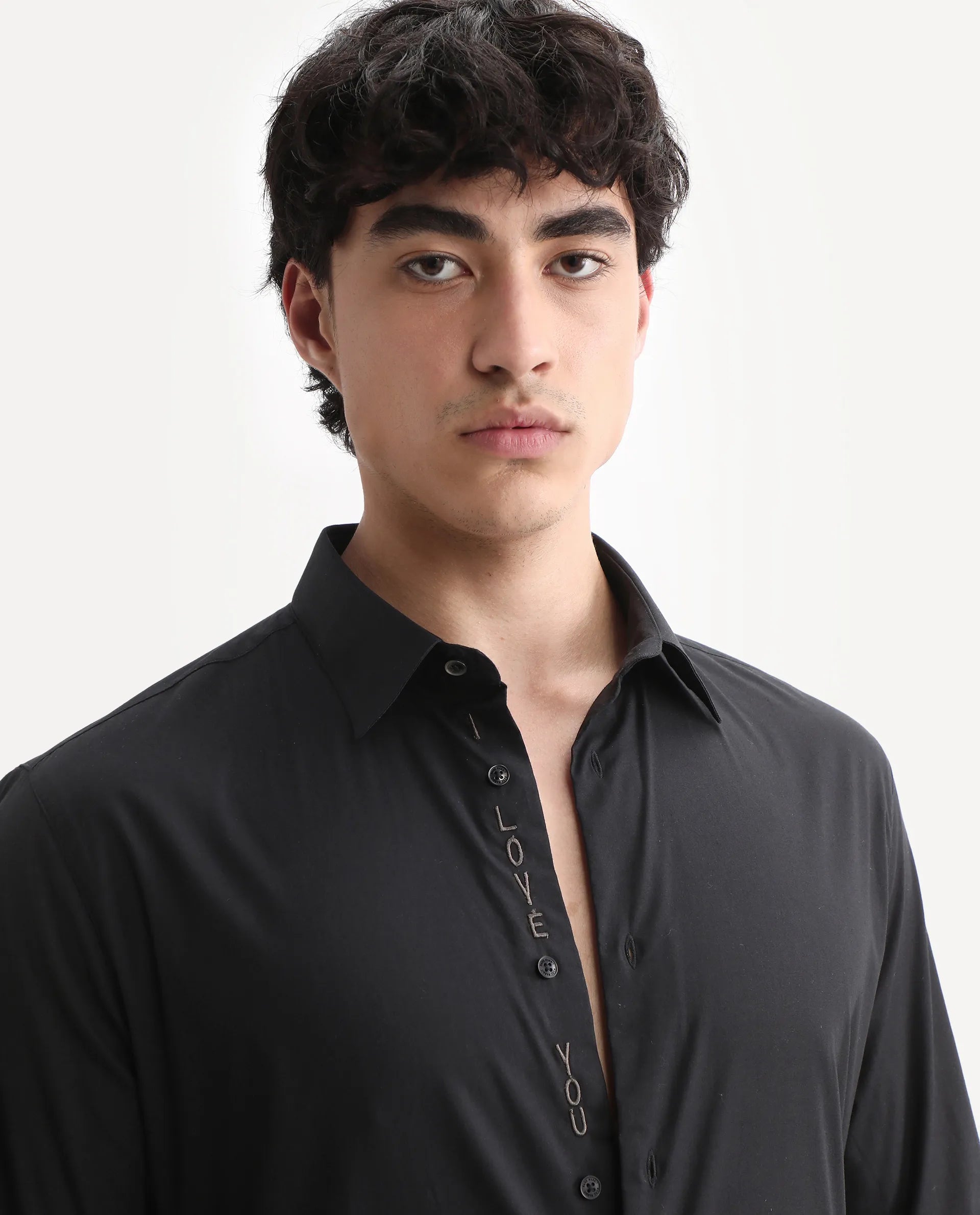 Rare Rabbit Men's I Love You Black Cotton Embroidered Regular Fit Full Sleeve Collared Shirt