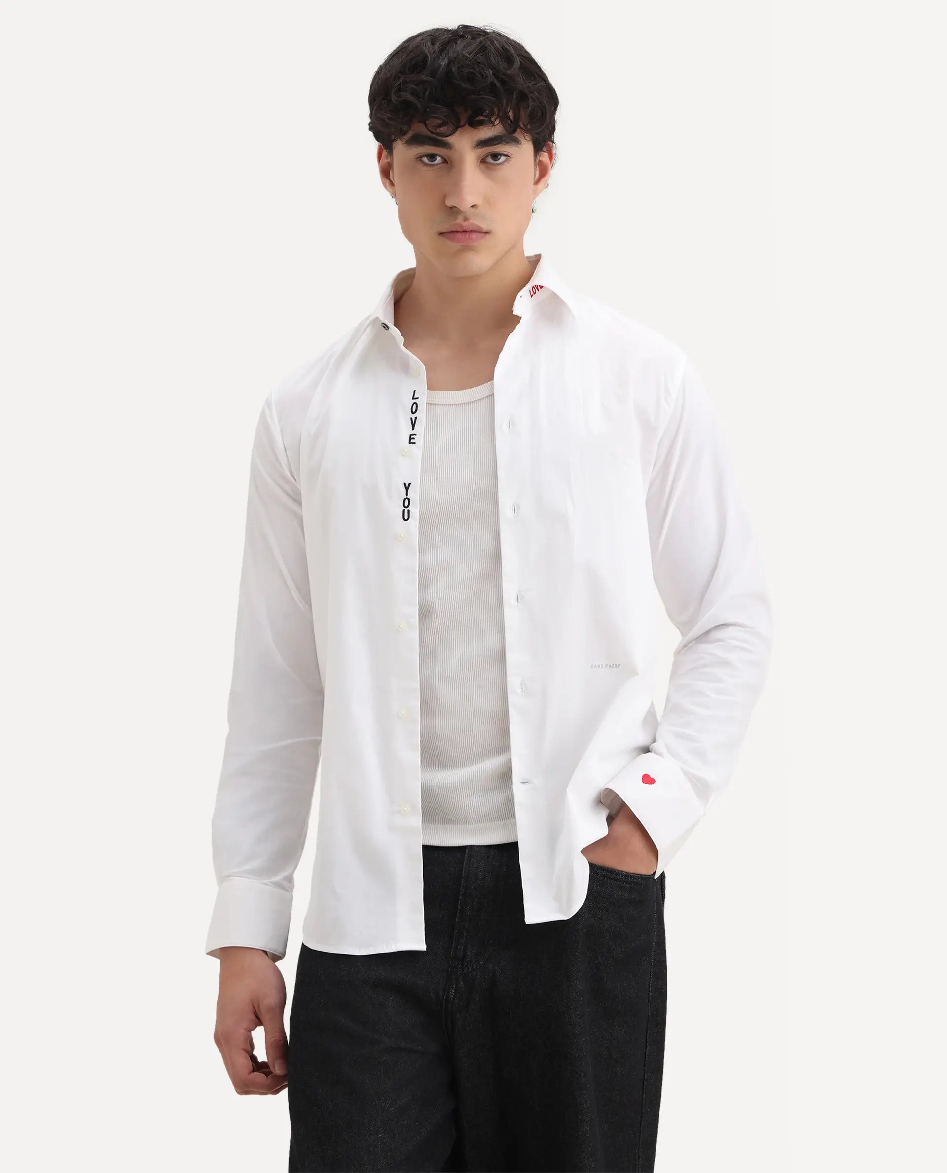 Rare Rabbit Men's I Love U White Cotton Embroidered Regular Fit Full Sleeve Collared Shirt