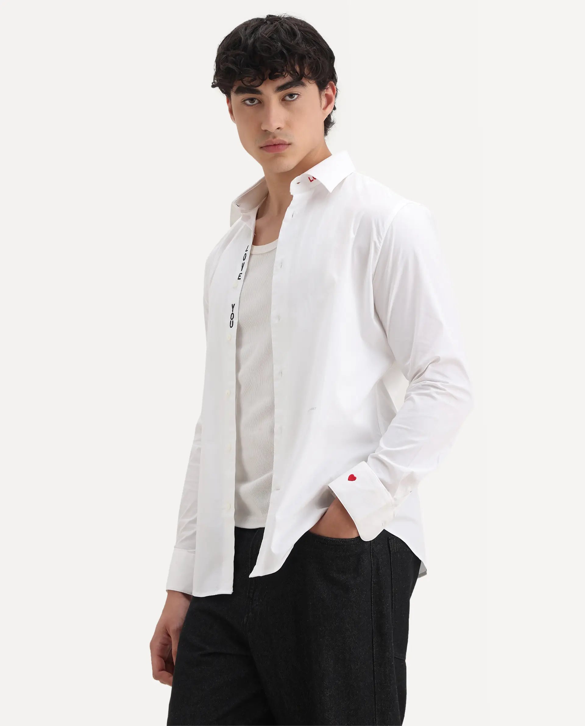 Rare Rabbit Men's I Love U White Cotton Embroidered Regular Fit Full Sleeve Collared Shirt