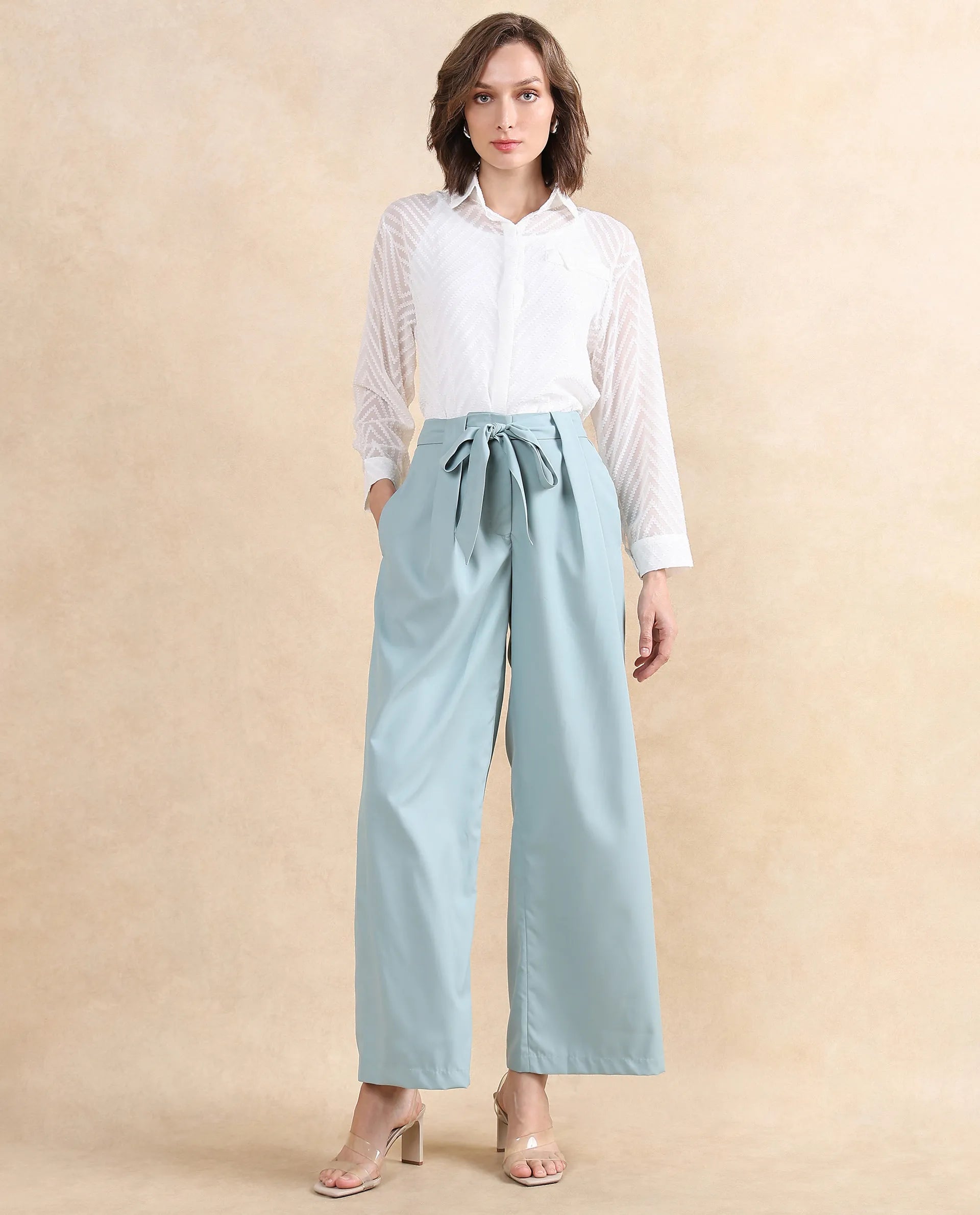 Rareism Women Imany Light Teal Polyester Viscose Fabric Zipper Closure Wide Fit Ankle Length Plain Trouser