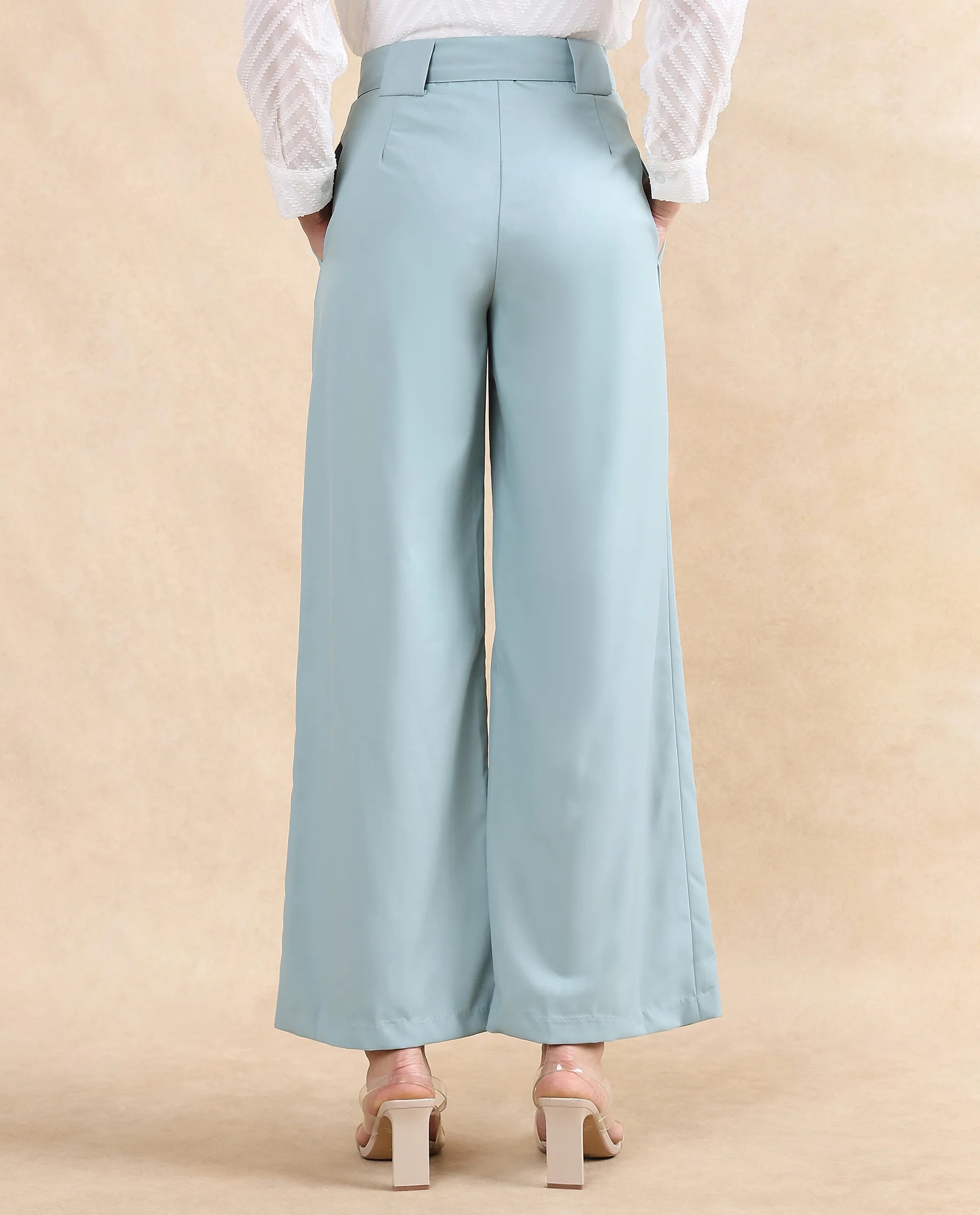 Rareism Women Imany Light Teal Polyester Viscose Fabric Zipper Closure Wide Fit Ankle Length Plain Trouser
