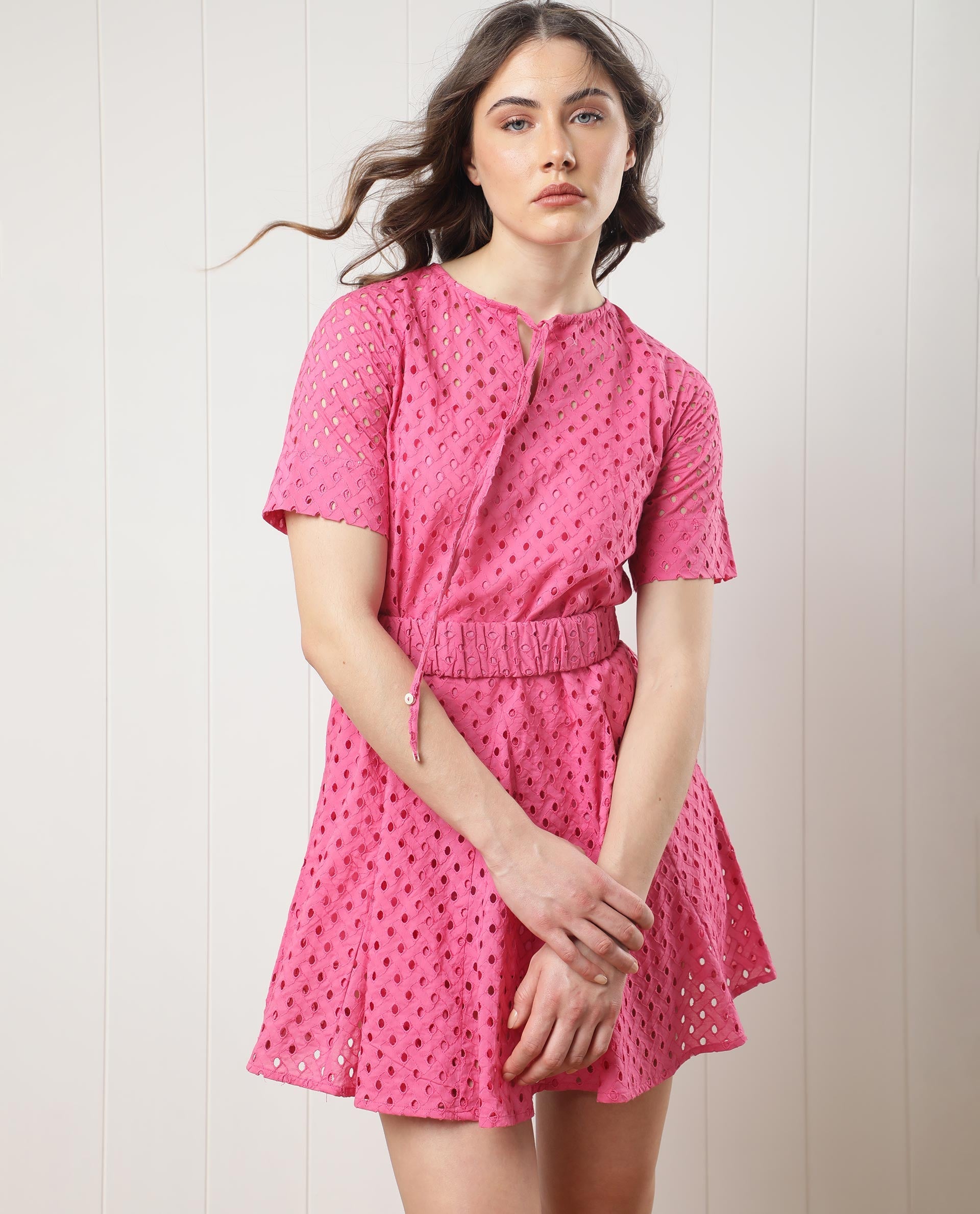 Rareism Women Bex Fluorescent Pink Schiffli Round Tie Up Neck With Short Sleeves And Elastic Belt At Waist Mini Dress