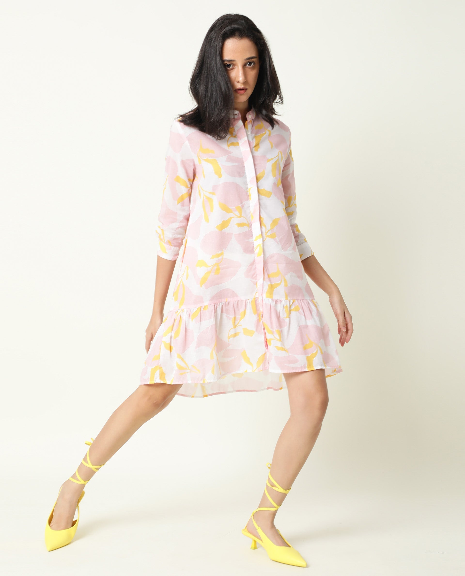 Rareism Women Champ Pink Abstract Print High Neck 3/4 Sleeves Front Full Button Closure Placket Mini Dress