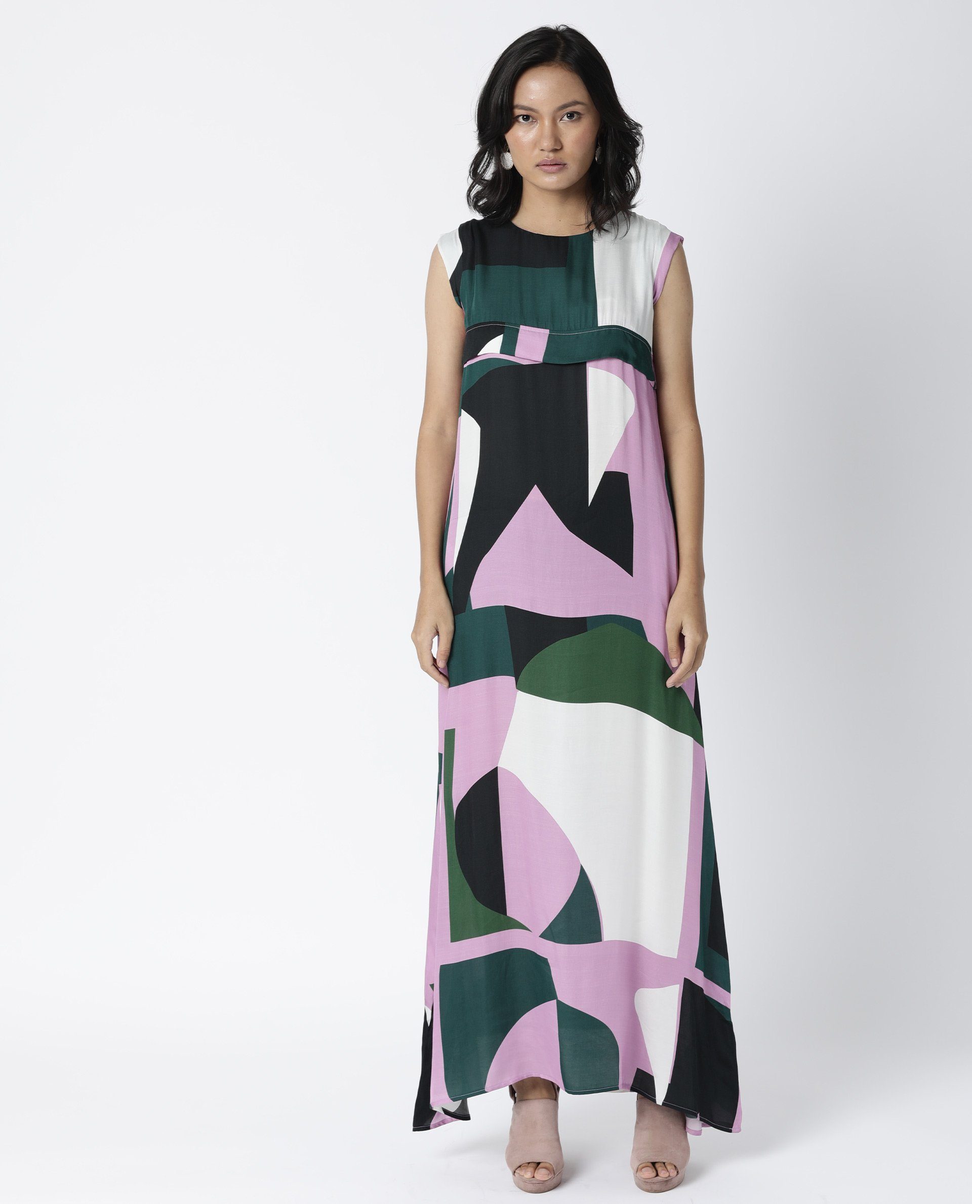 Rareism Womens Fume Pink Cotton Silk Fabric Long Length Round Collar Neck Boxy Fit