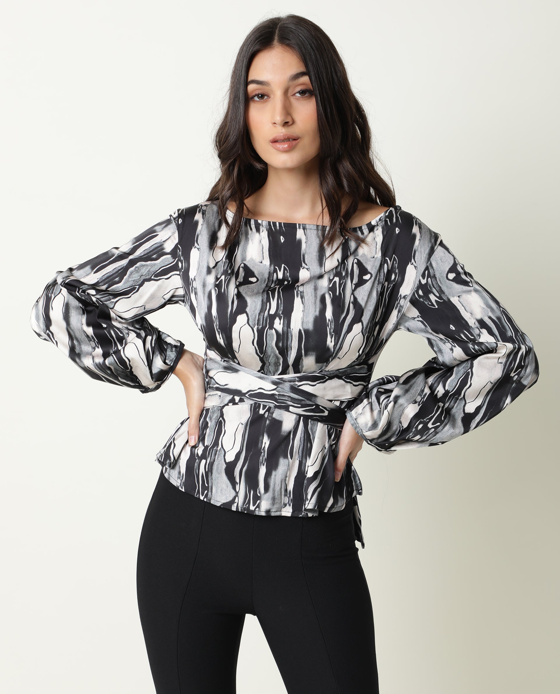 Rareism Womens Germa Black Top Modal Lycra Fabric Regular Fit Puff Sleeves Boat Neck