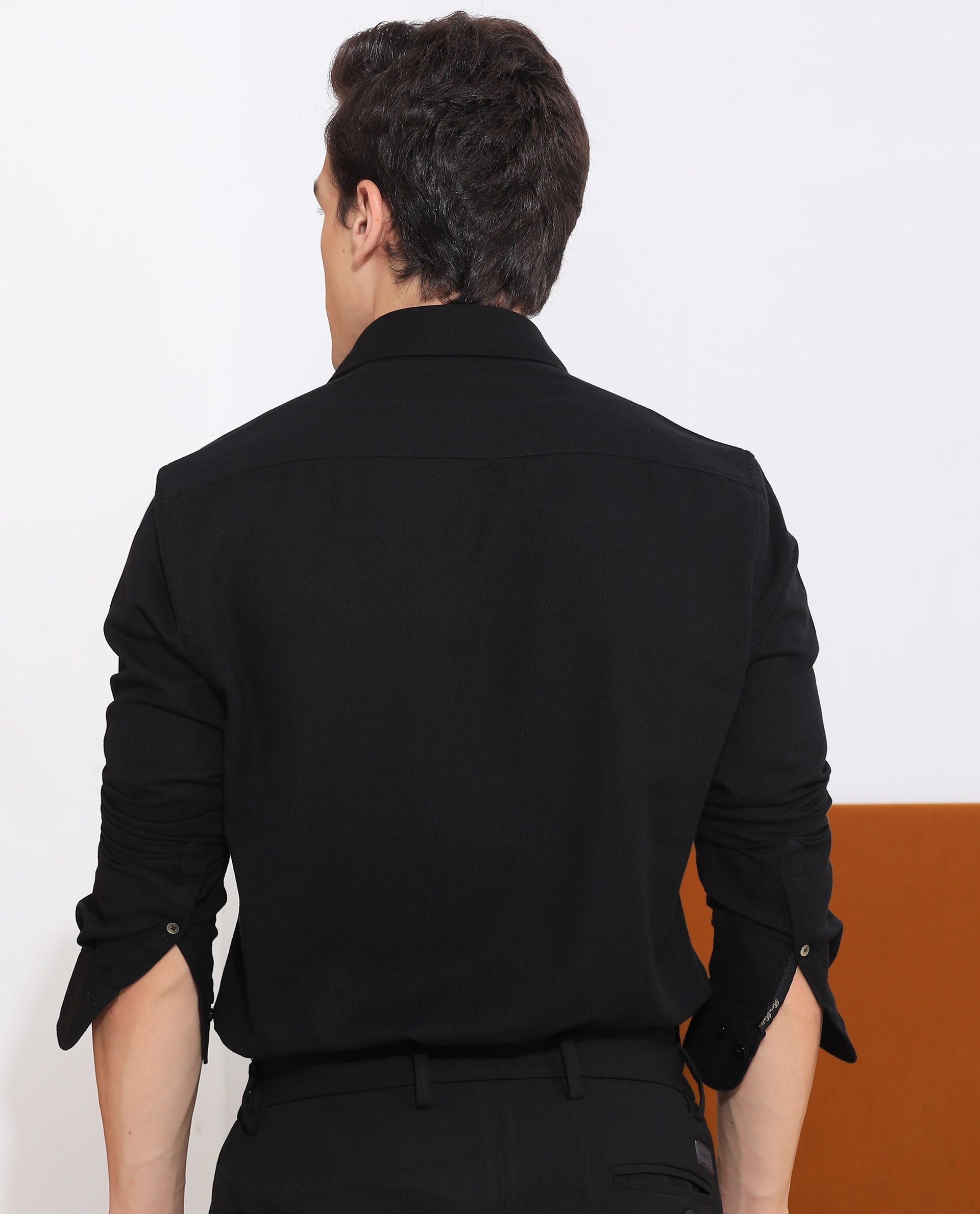 Rare Rabbit Mens Otago Black Cotton Fabric Full Sleeves Regular Fit Solid Shirt