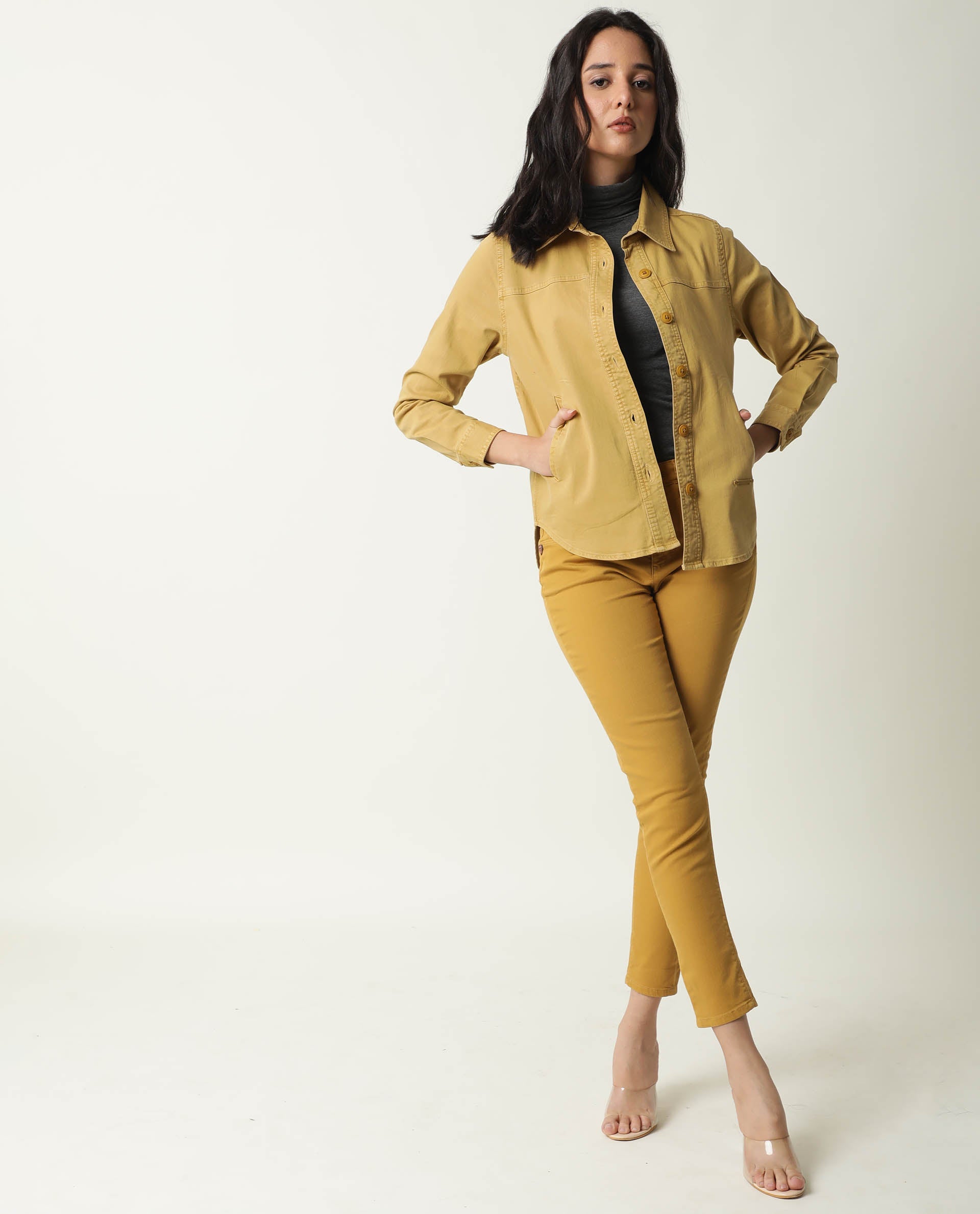 Rareism Women Mission Mustard Cotton Lycra Fabric Full Sleeves Solid Shirt Collar Jacket