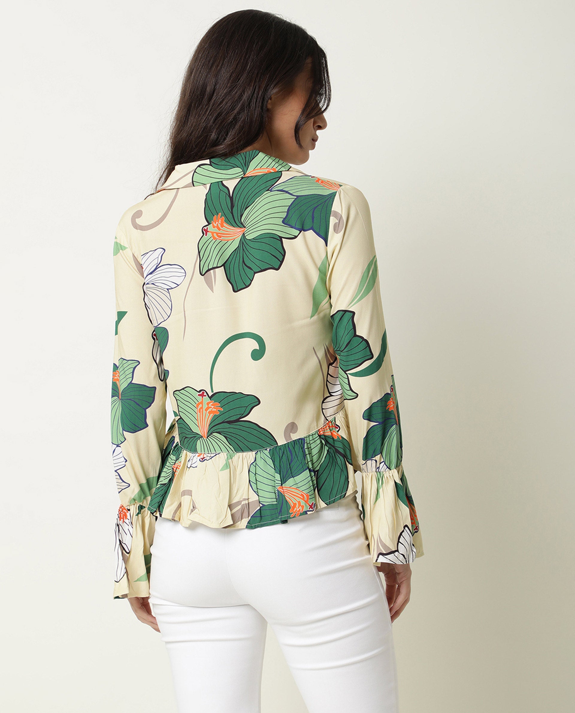 Rareism Women Tena Off White Viscose Fabric Full Sleeves Floral Print Lapel Neck Knee Length Shrug